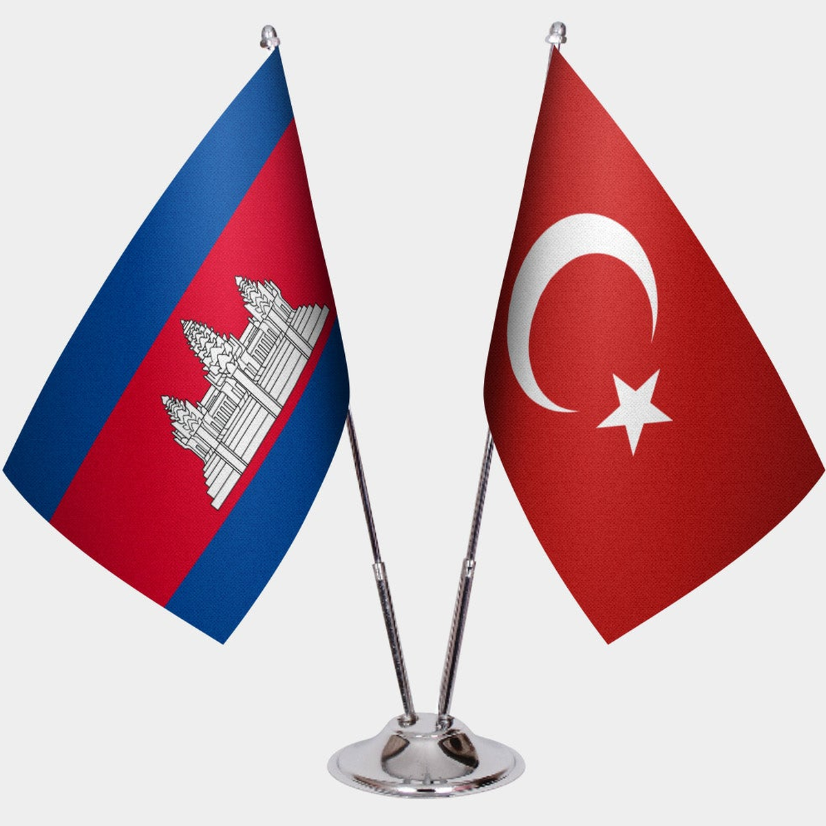Cambodia and Türkiye dual desk flag set with chrome silver pedestal, satin office table flag