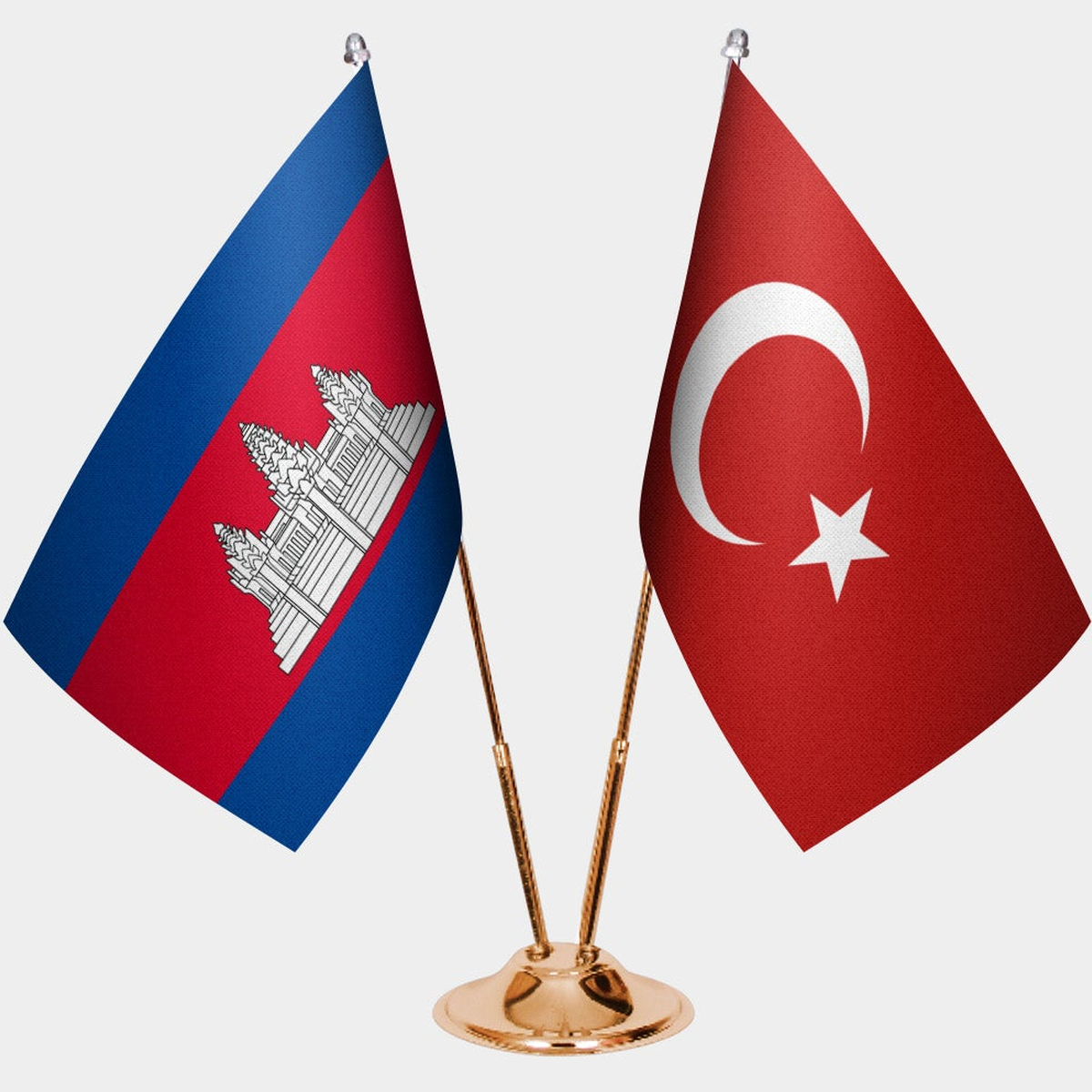 Cambodia and Türkiye dual desk flag set with gold pedestal, satin office table flag