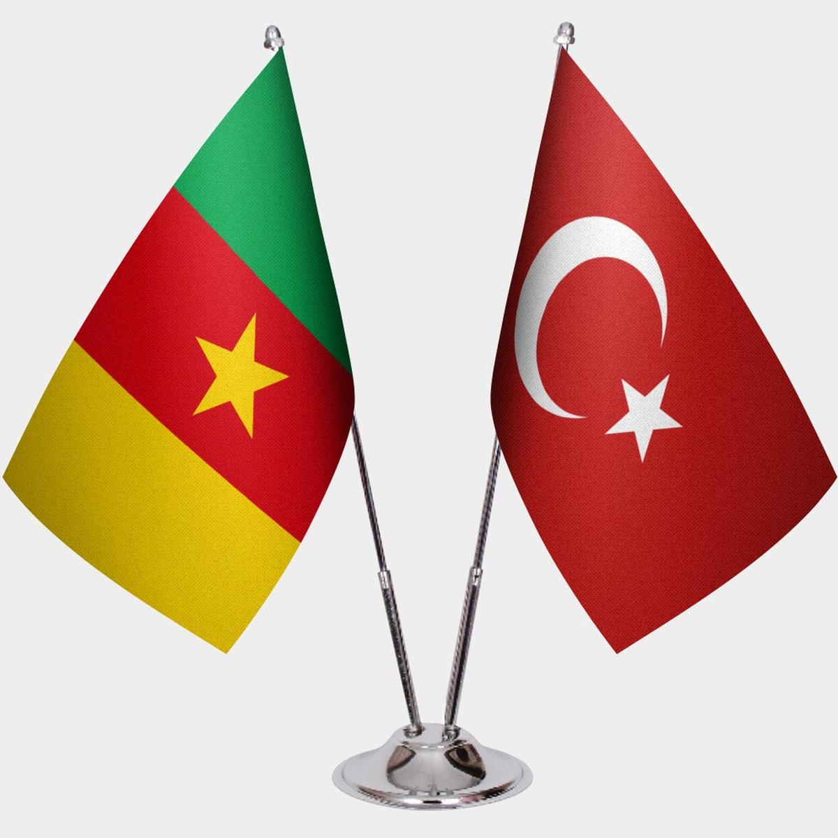 Cameroon and Türkiye dual desk flag set with chrome silver pedestal, satin office table flag