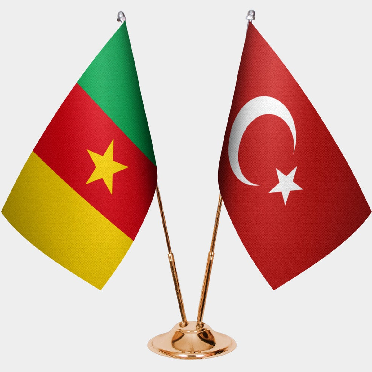 Cameroon and Türkiye dual desk flag set with gold pedestal, satin office table flag