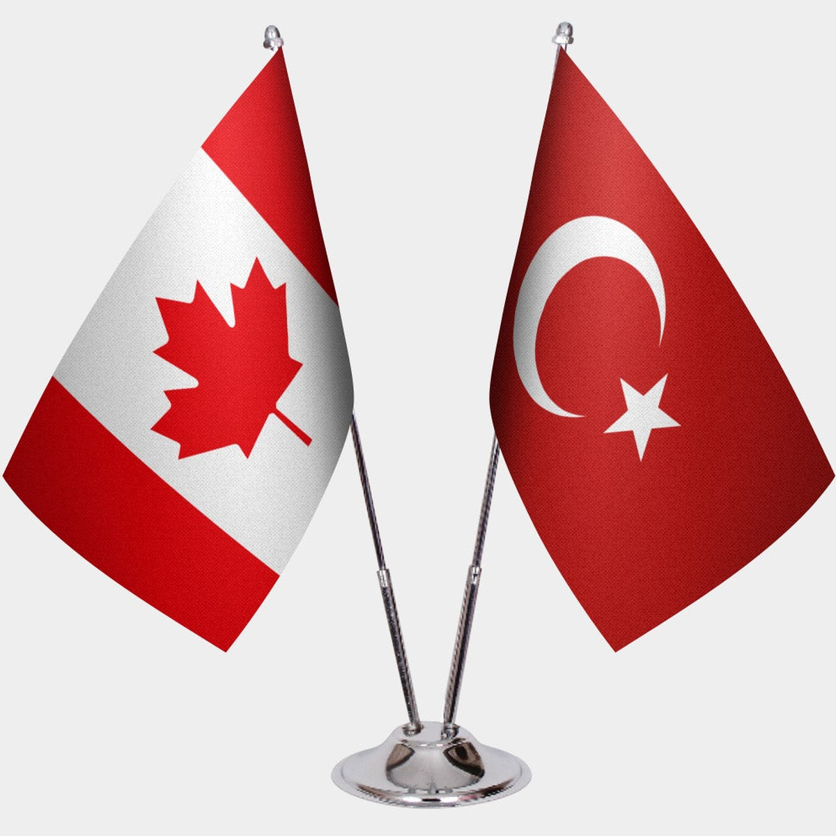 Canada and Türkiye dual desk flag set with chrome silver pedestal, satin office table flag
