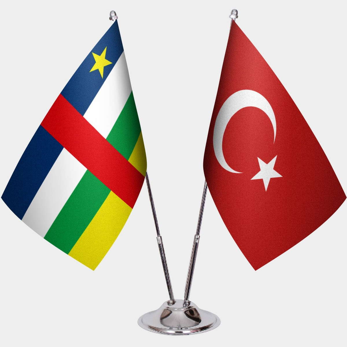 Central African Republic and Türkiye dual desk flag set with chrome silver pedestal, satin office table flag