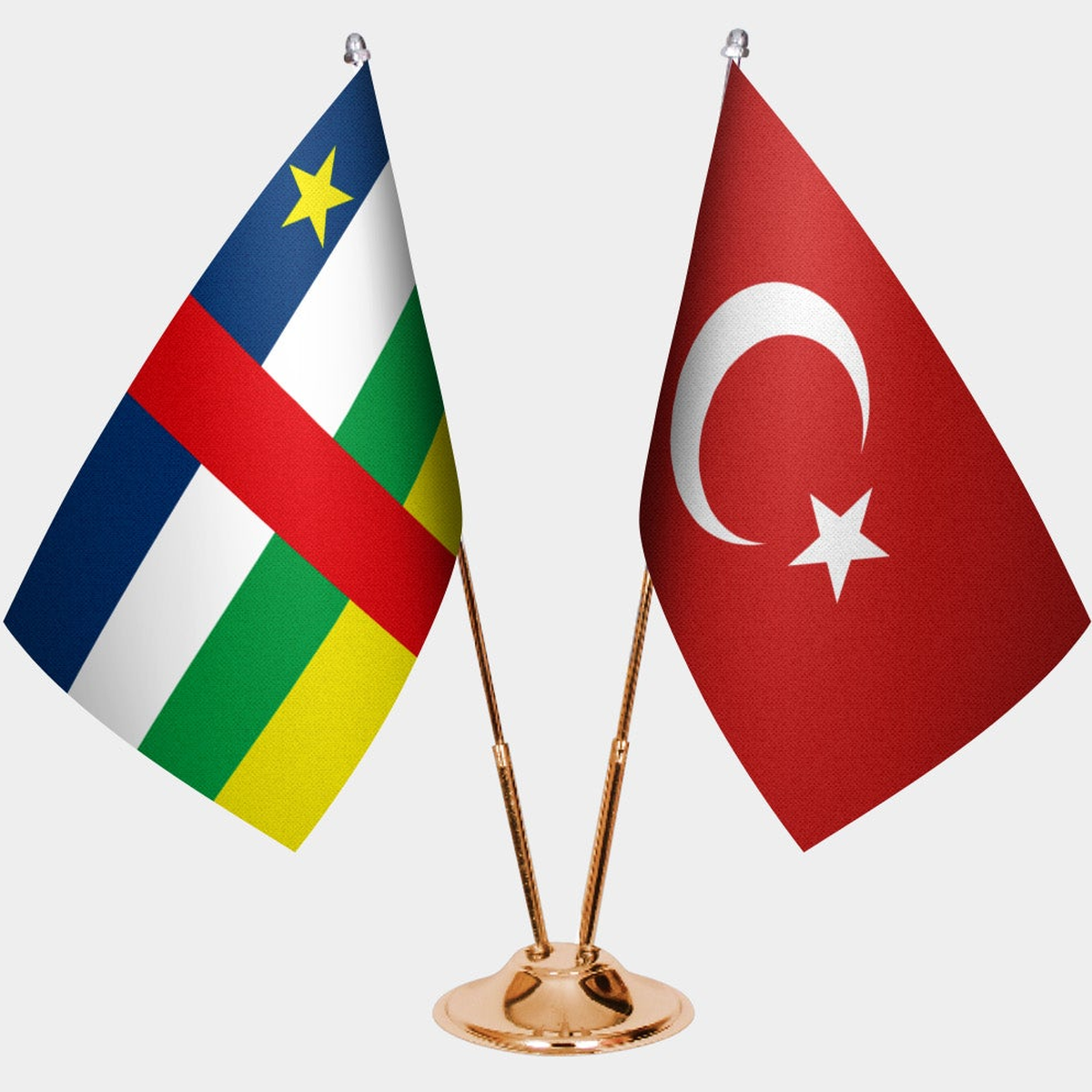 Central African Republic and Türkiye dual desk flag set with gold pedestal, satin office table flag