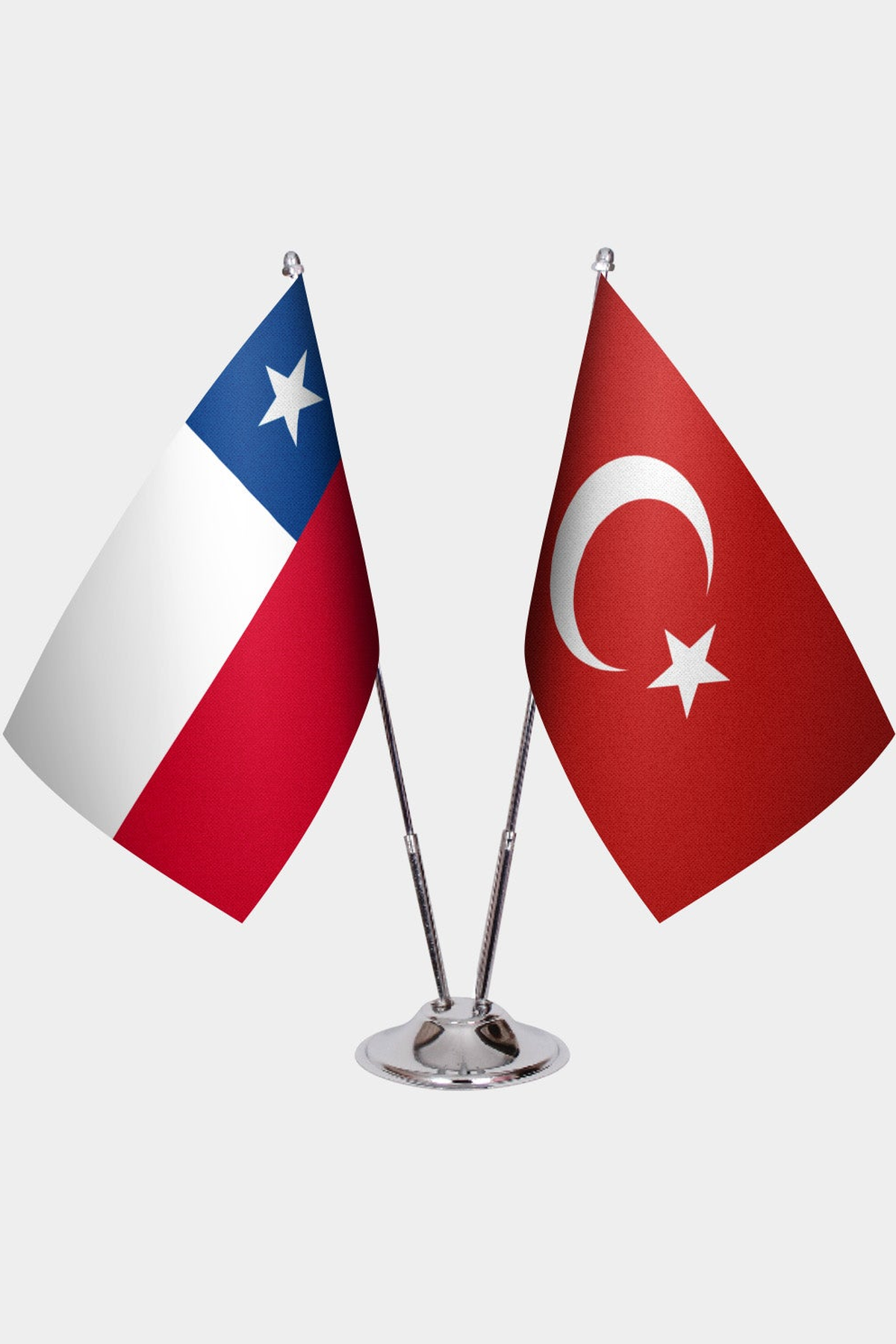 Chile and Türkiye dual desk flag set with chrome silver pedestal, satin office table flag