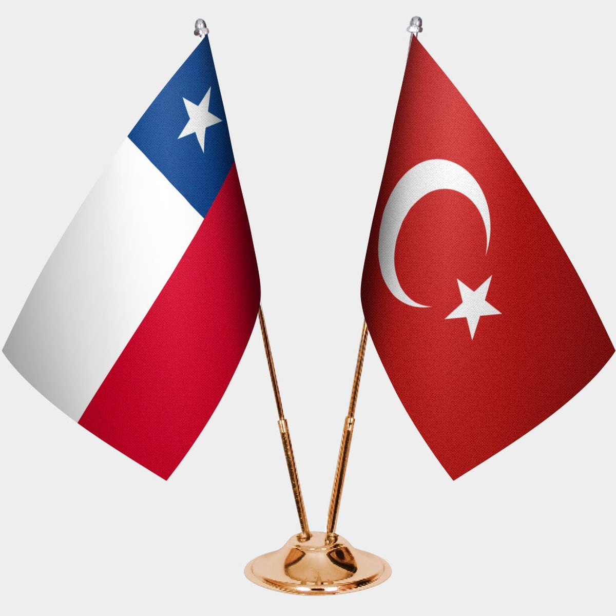 Chile and Türkiye dual desk flag set with gold pedestal, satin office table flag