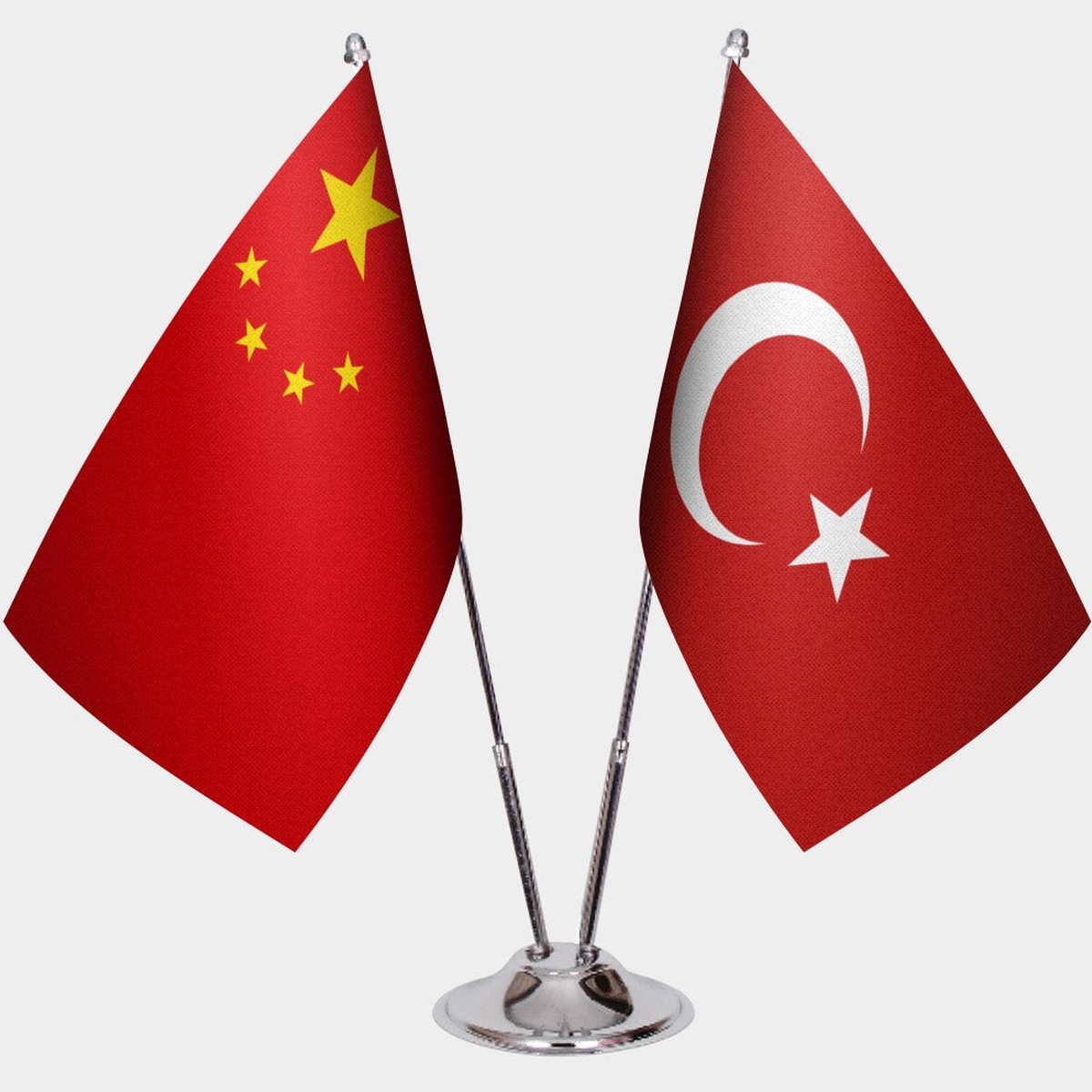 China and Türkiye dual desk flag set with chrome silver pedestal, satin office table flag
