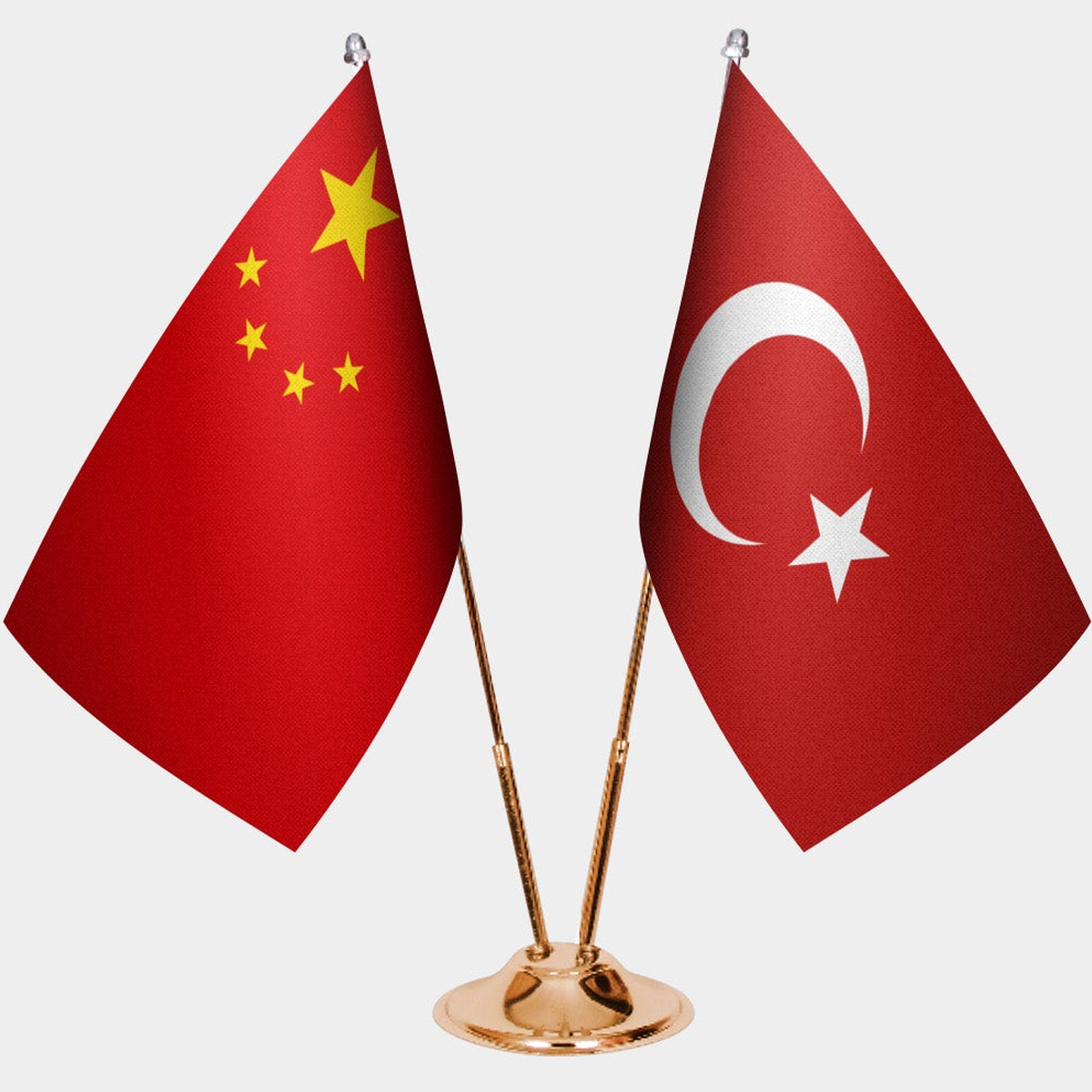 China and Türkiye dual desk flag set with gold pedestal, satin office table flag