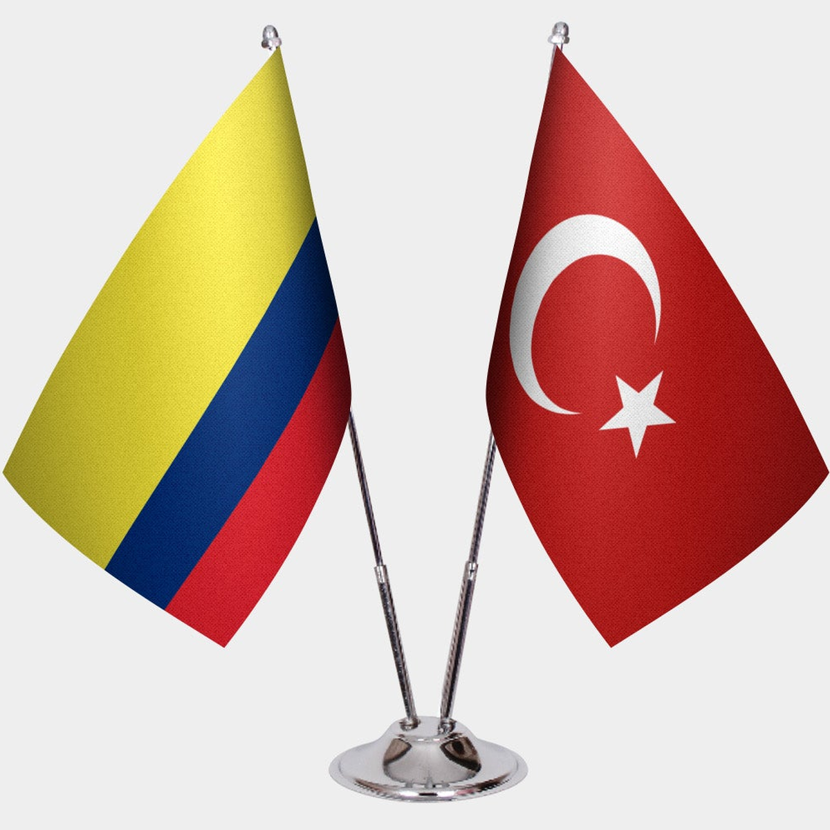Colombia and Türkiye dual desk flag set with chrome silver pedestal, satin office table flag