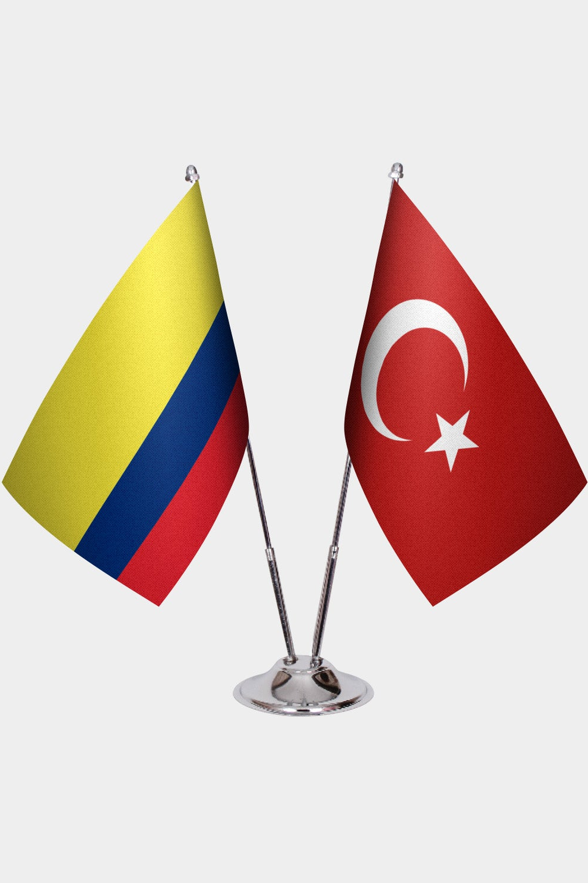 Colombia and Türkiye dual desk flag set with chrome silver pedestal, satin office table flag