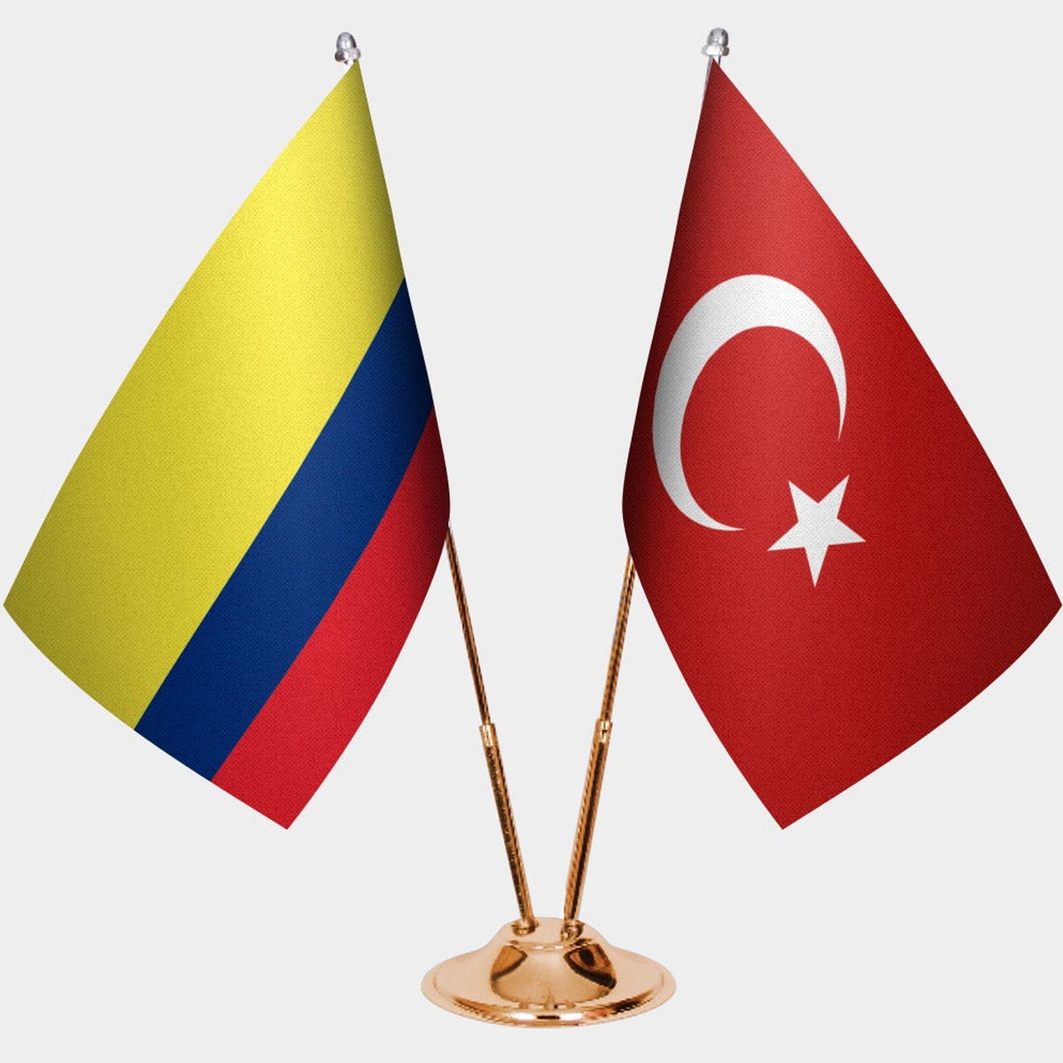 Colombia and Türkiye dual desk flag set with gold pedestal, satin office table flag