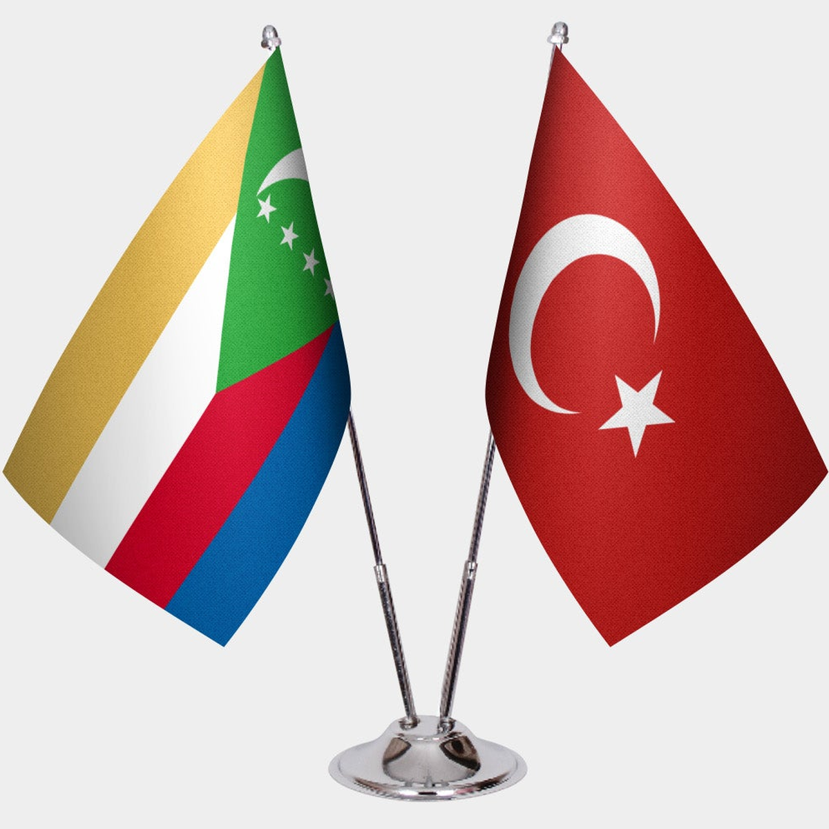 Comoros and Türkiye dual desk flag set with chrome silver pedestal, satin office table flag