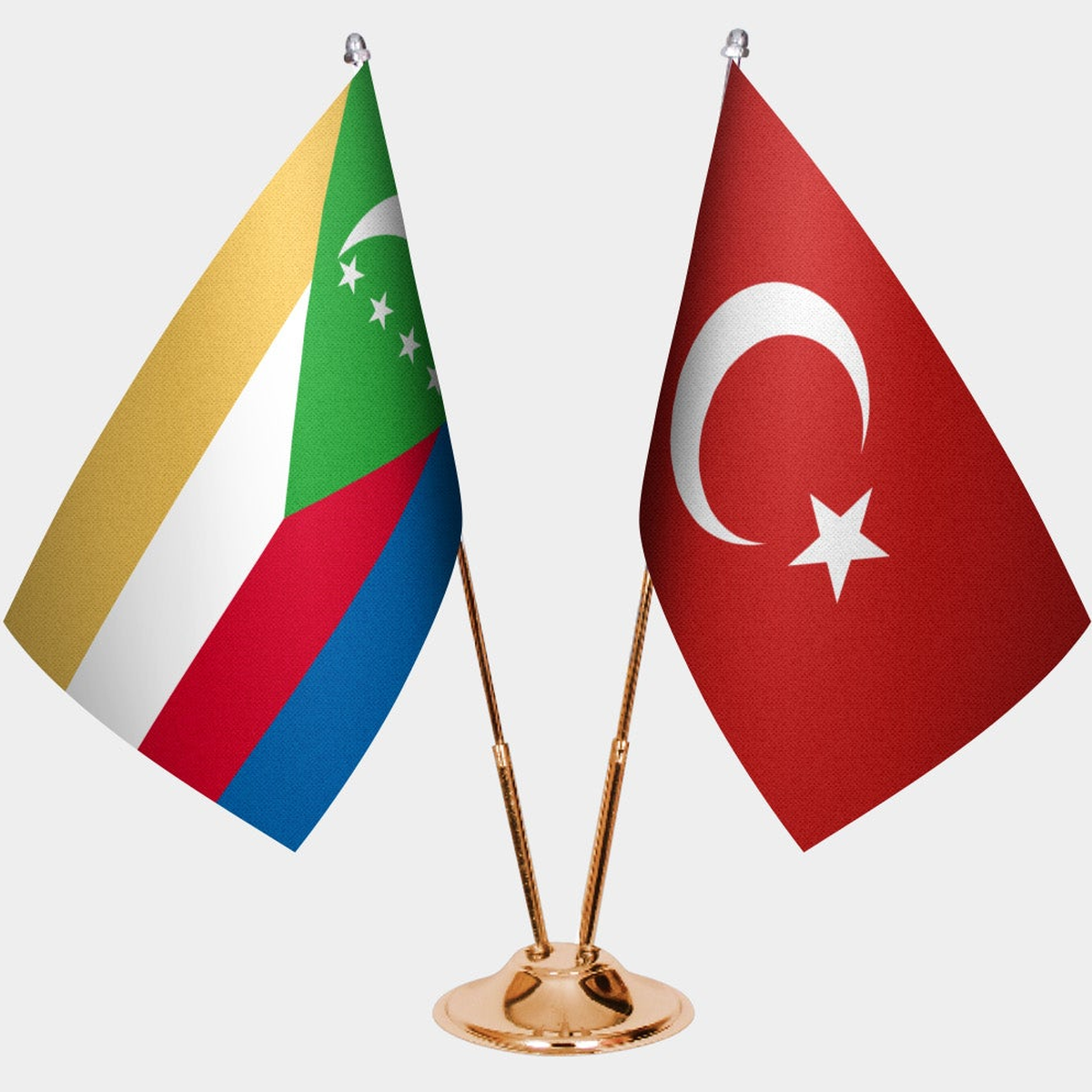 Comoros and Türkiye dual desk flag set with gold pedestal, satin office table flag
