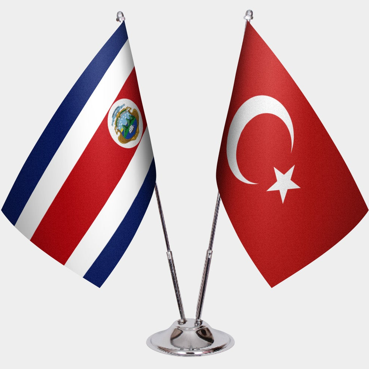 Costa Rica and Türkiye dual desk flag set with chrome silver pedestal, satin office table flag