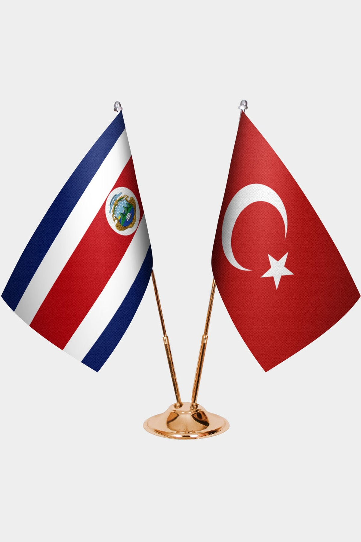 Costa Rica and Türkiye dual desk flag set with gold pedestal, satin office table flag