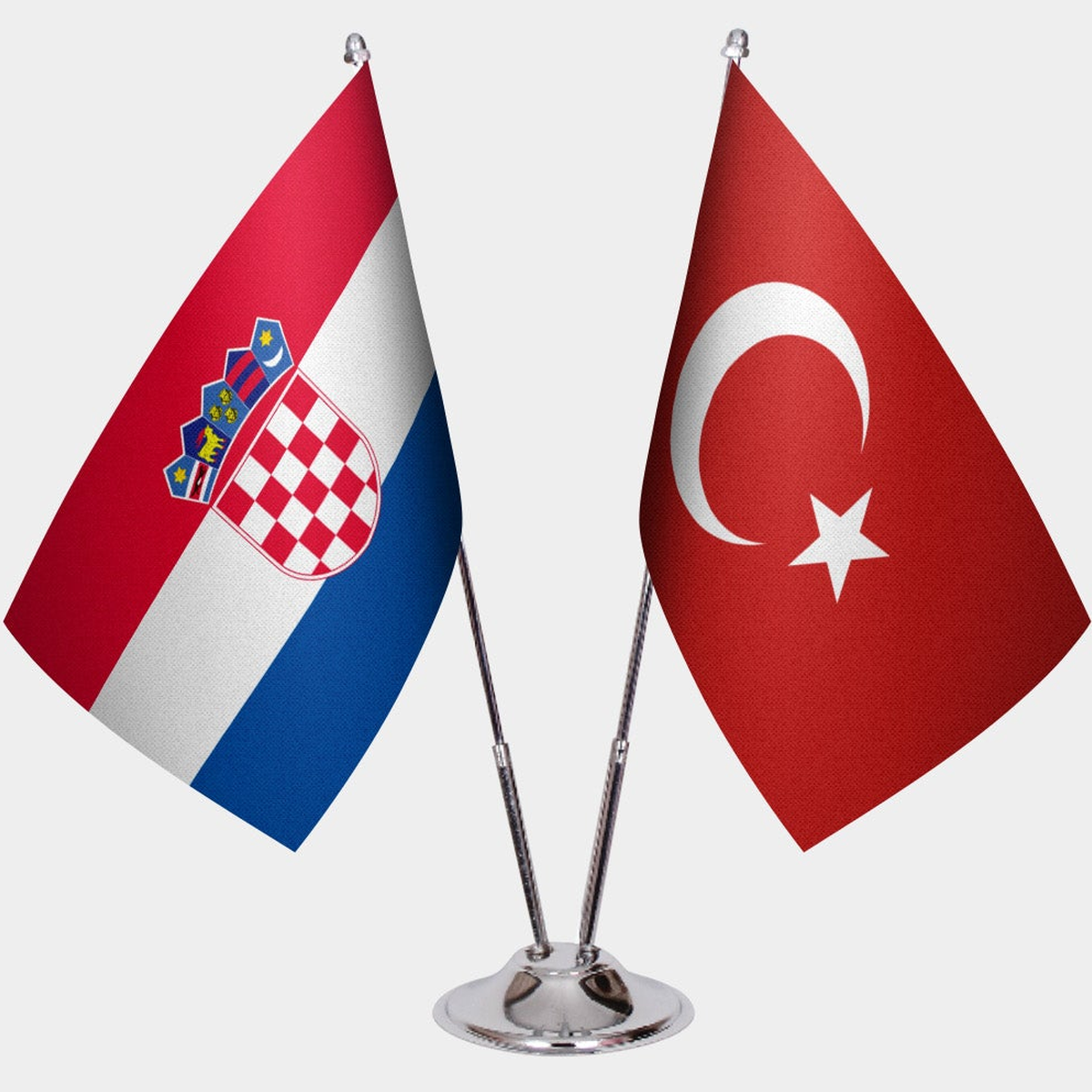 Croatia and Türkiye dual desk flag set with chrome silver pedestal, satin office table flag