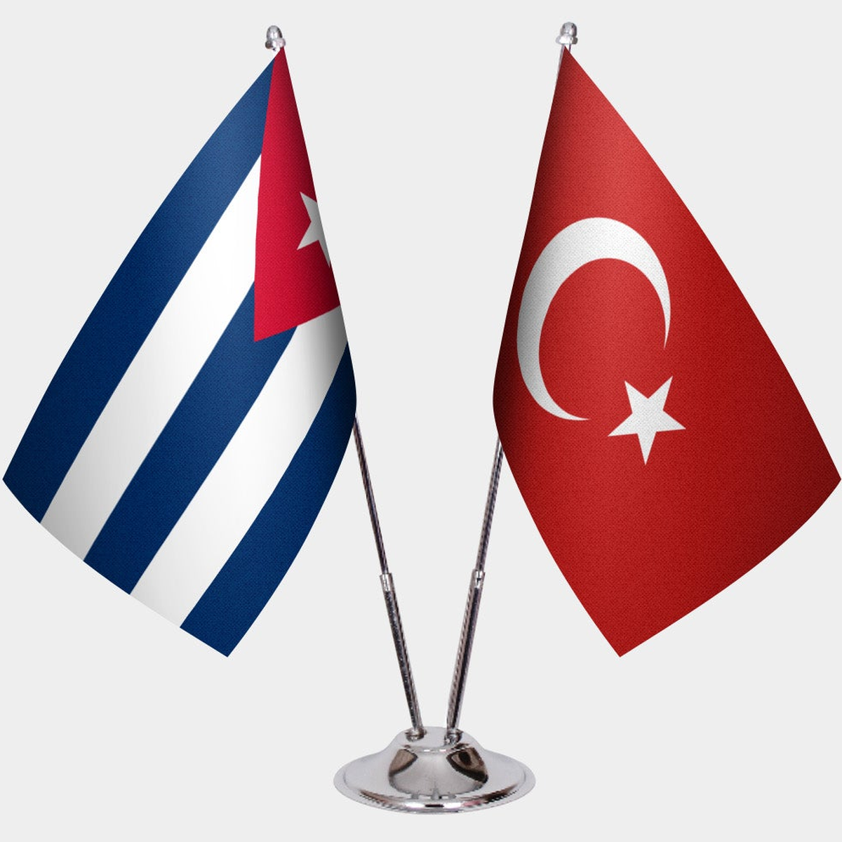 Cuba and Türkiye dual desk flag set with chrome silver pedestal, satin office table flag