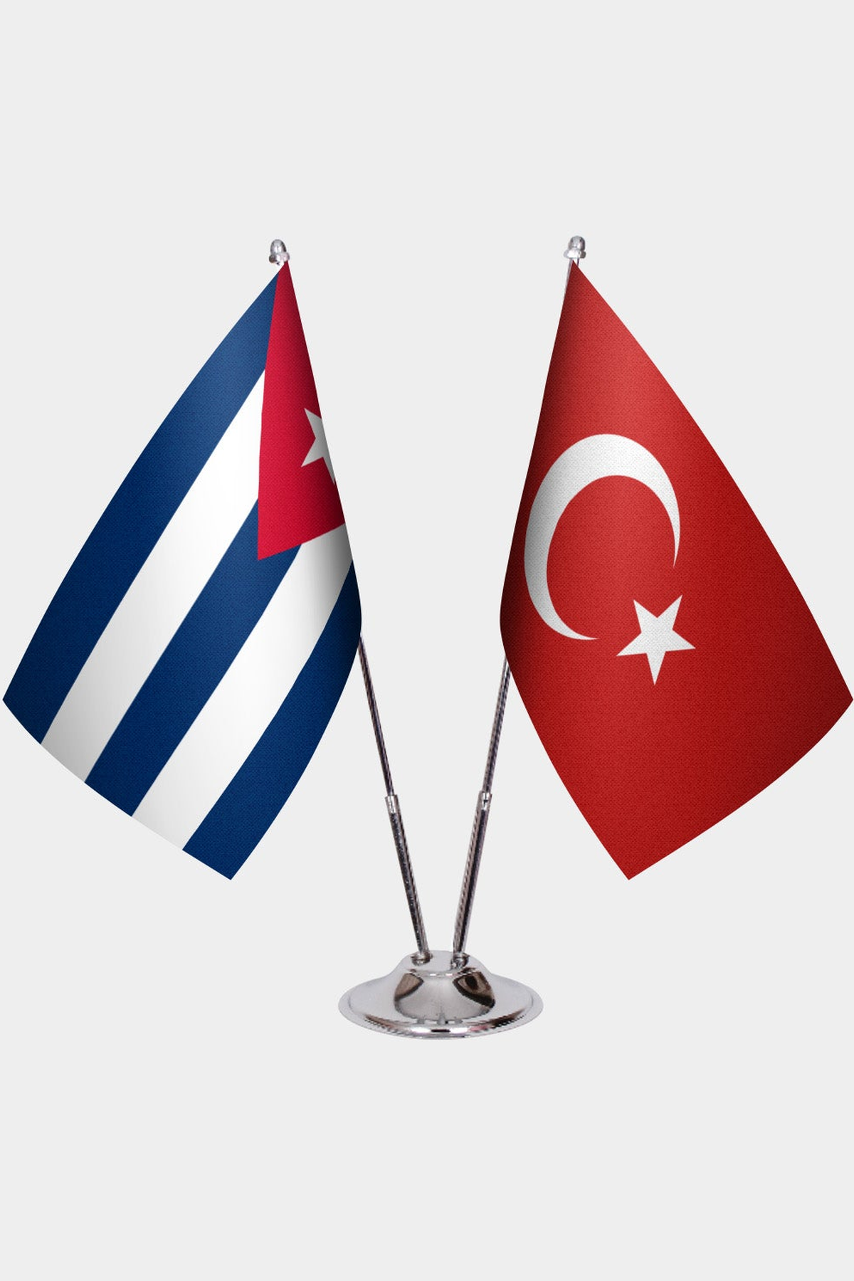 Cuba and Türkiye dual desk flag set with chrome silver pedestal, satin office table flag