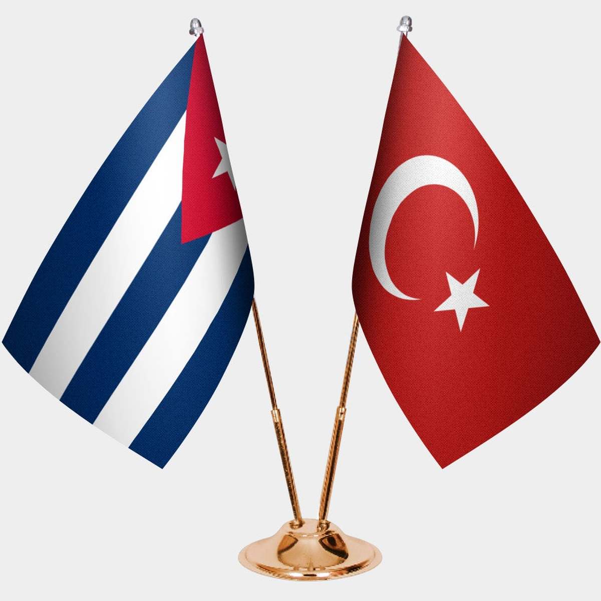 Cuba and Türkiye dual desk flag set with gold pedestal, satin office table flag
