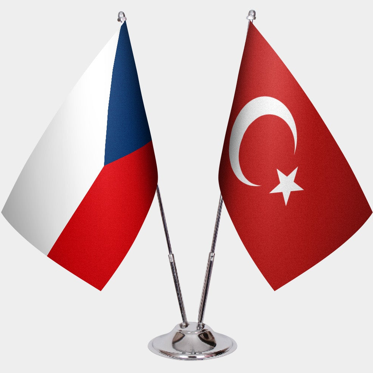 Czech Republic and Türkiye dual desk flag set with chrome silver pedestal, satin office table flag