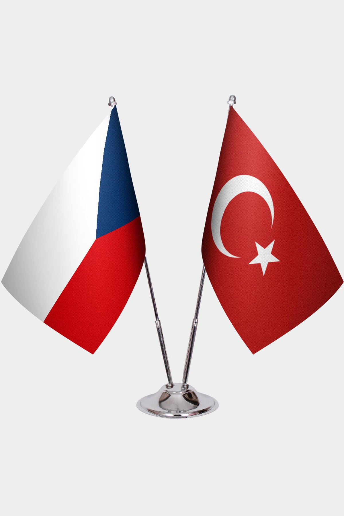 Czech Republic and Türkiye dual desk flag set with chrome silver pedestal, satin office table flag