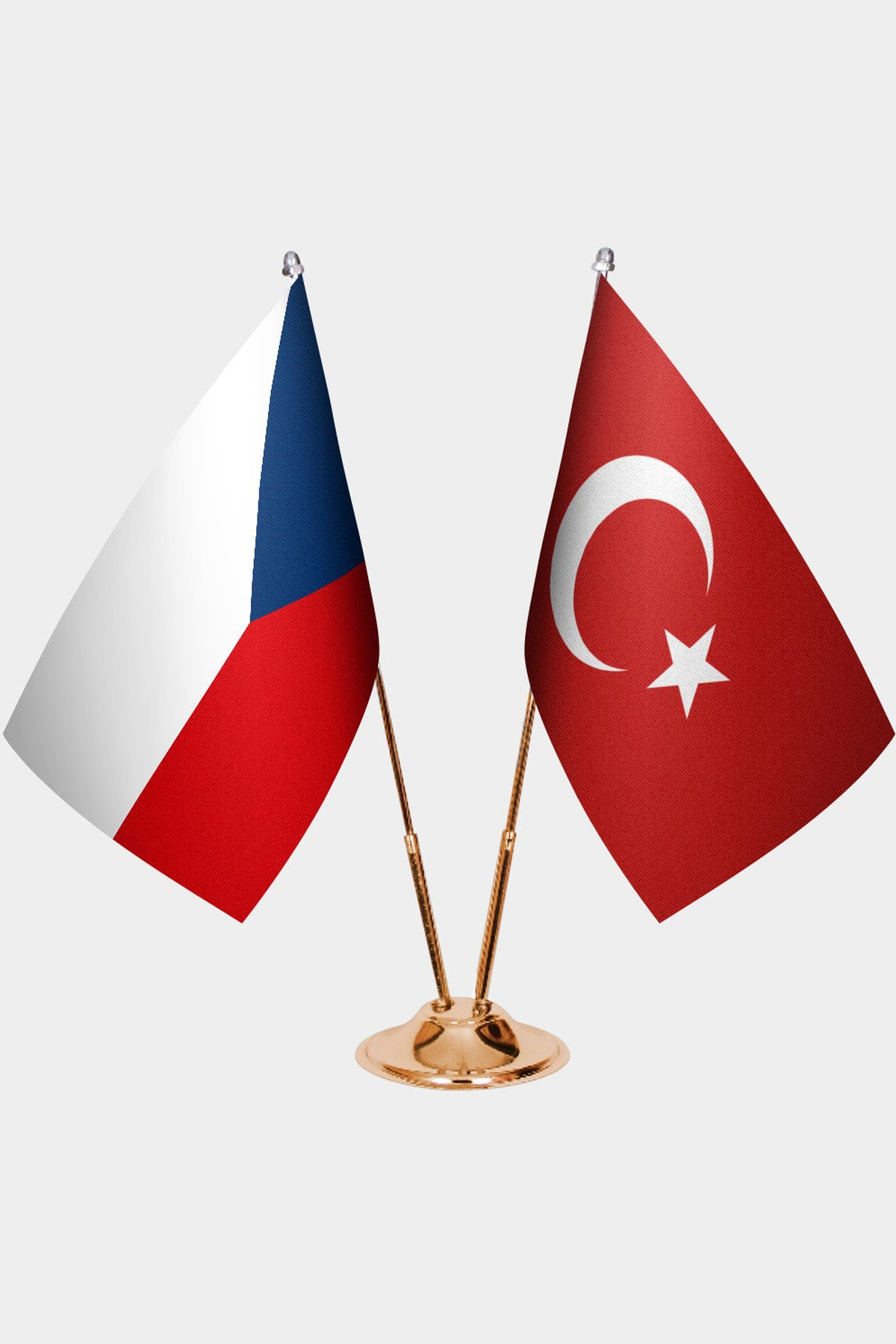 Czech Republic and Türkiye dual desk flag set with gold pedestal, satin office table flag