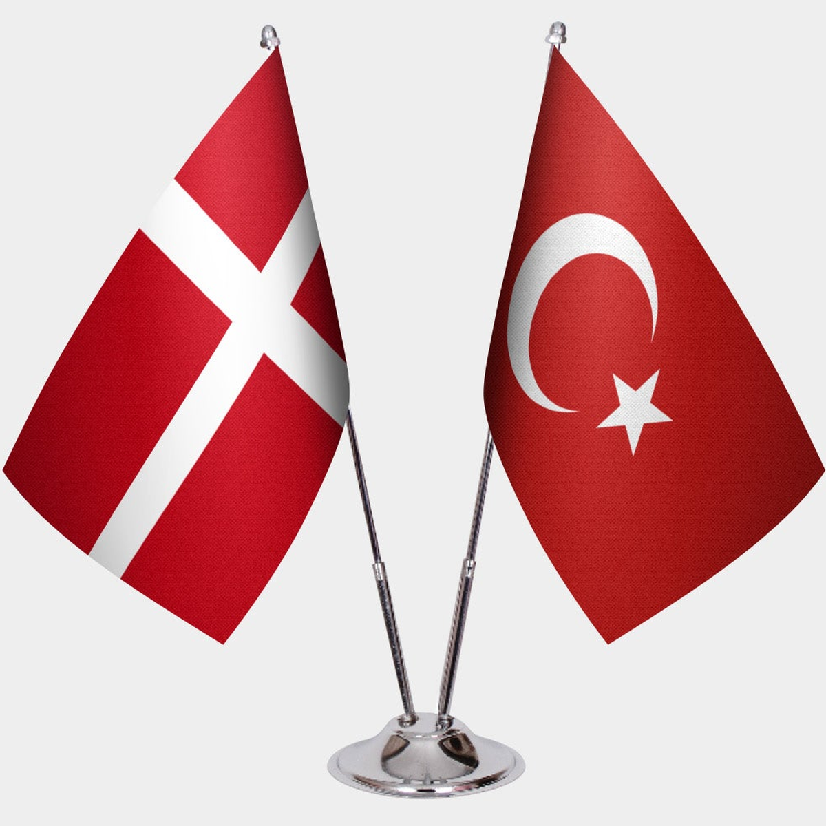 Denmark and Türkiye dual desk flag set with chrome silver pedestal, satin office table flag