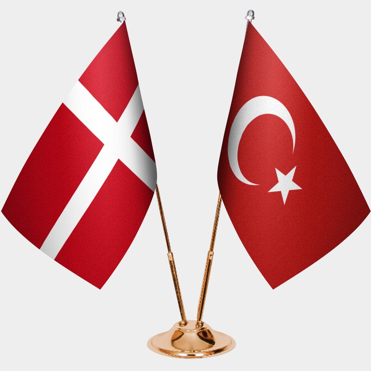 Denmark and Türkiye dual desk flag set with gold pedestal, satin office table flag