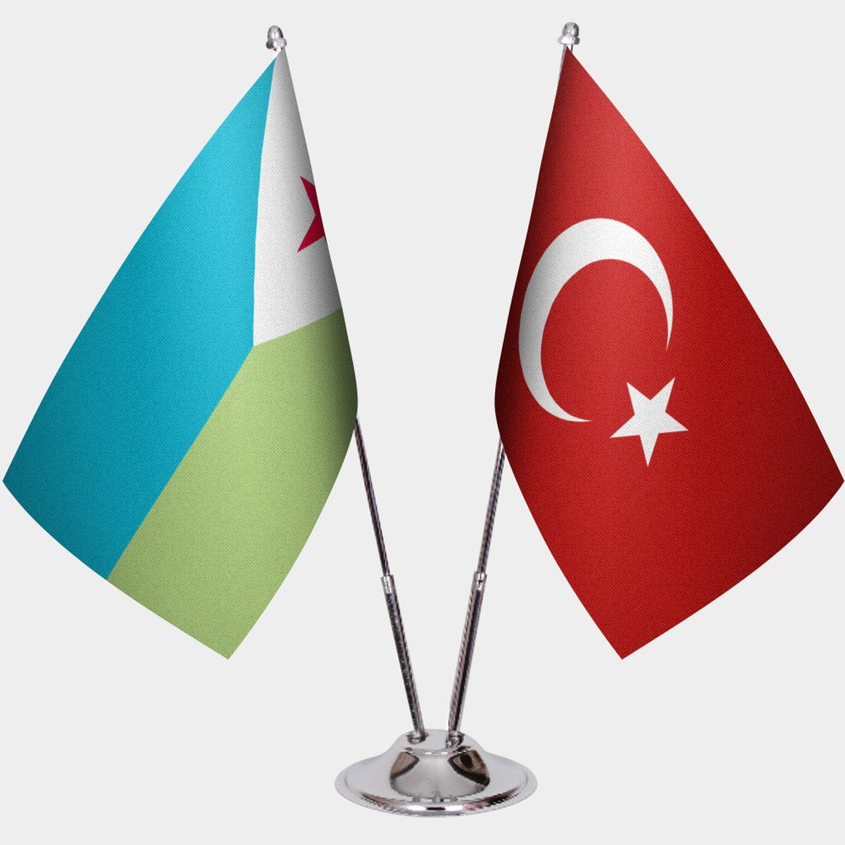 Djibouti and Türkiye dual desk flag set with chrome silver pedestal, satin office table flag
