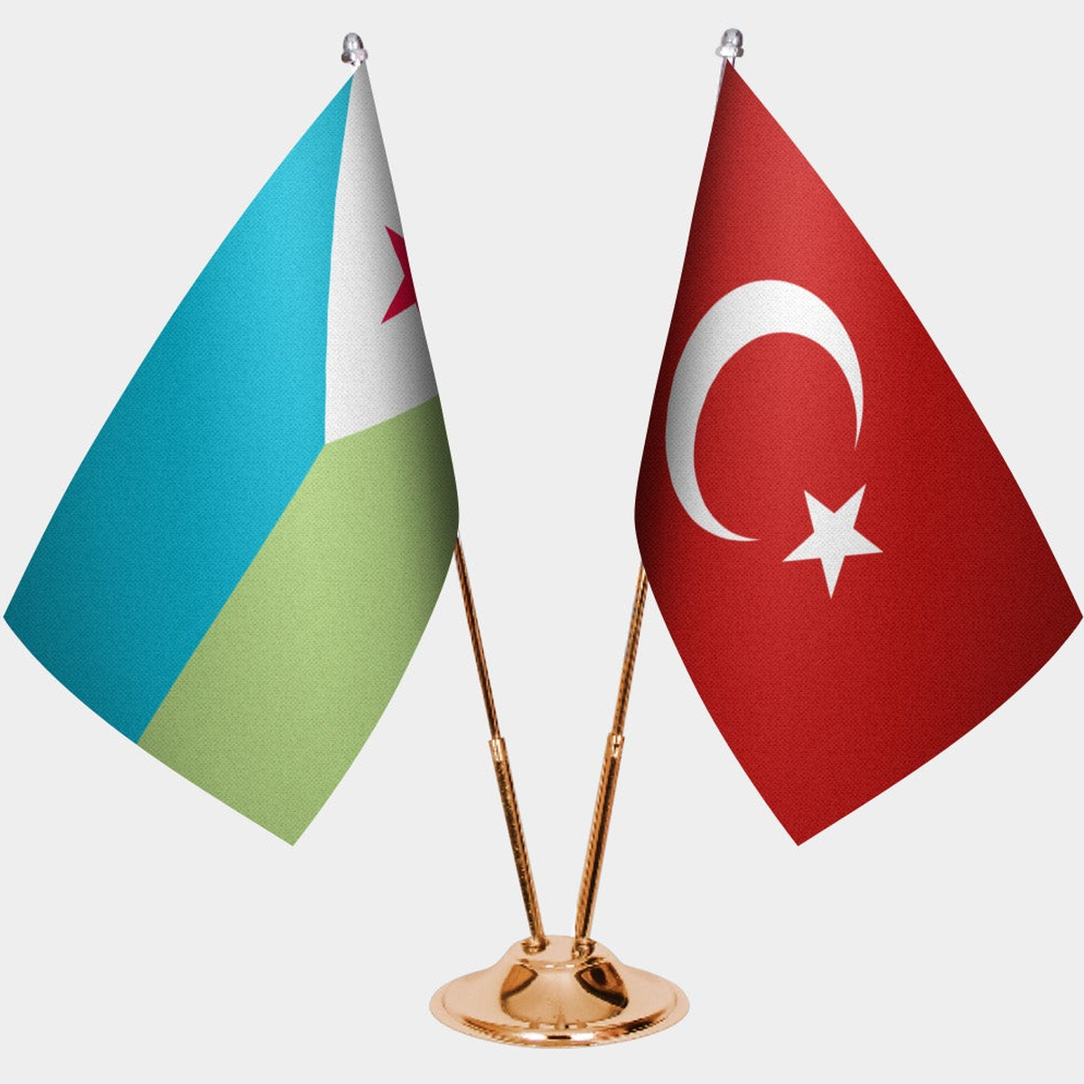 Djibouti and Türkiye dual desk flag set with gold pedestal, satin office table flag