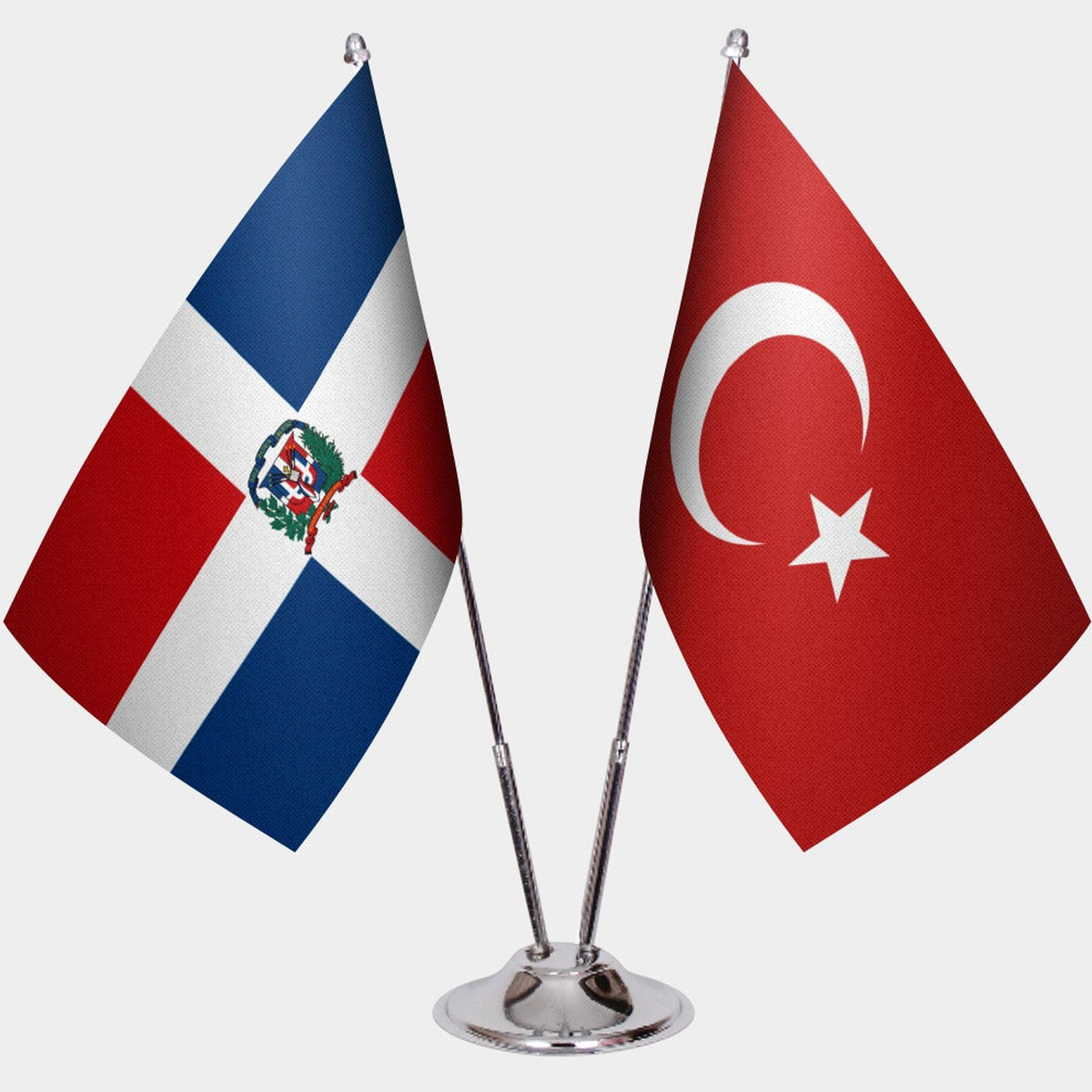 Dominican Republic and Türkiye dual desk flag set with chrome silver pedestal, satin office table flag