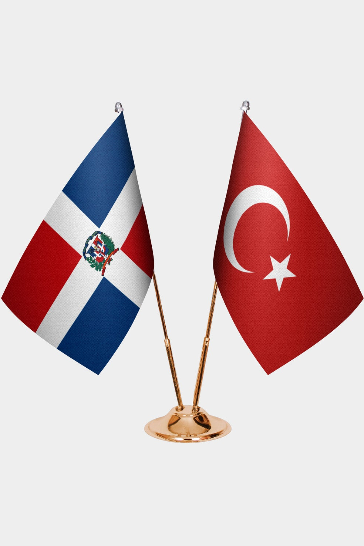 Dominican Republic and Türkiye dual desk flag set with gold pedestal, satin office table flag