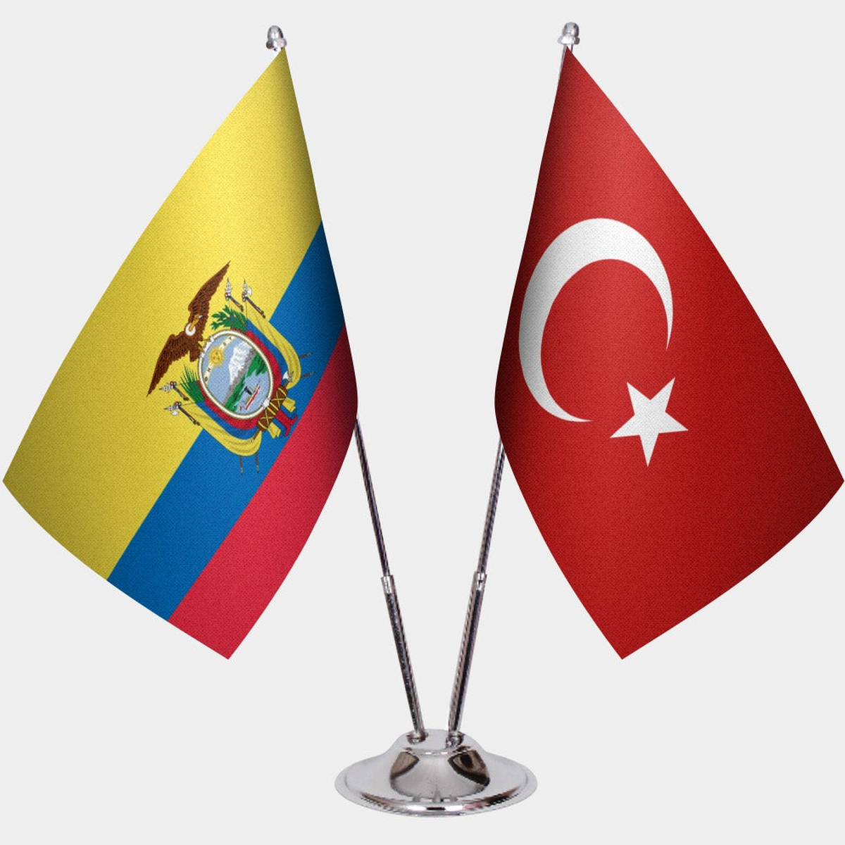 Ecuador and Türkiye dual desk flag set with chrome silver pedestal, satin office table flag