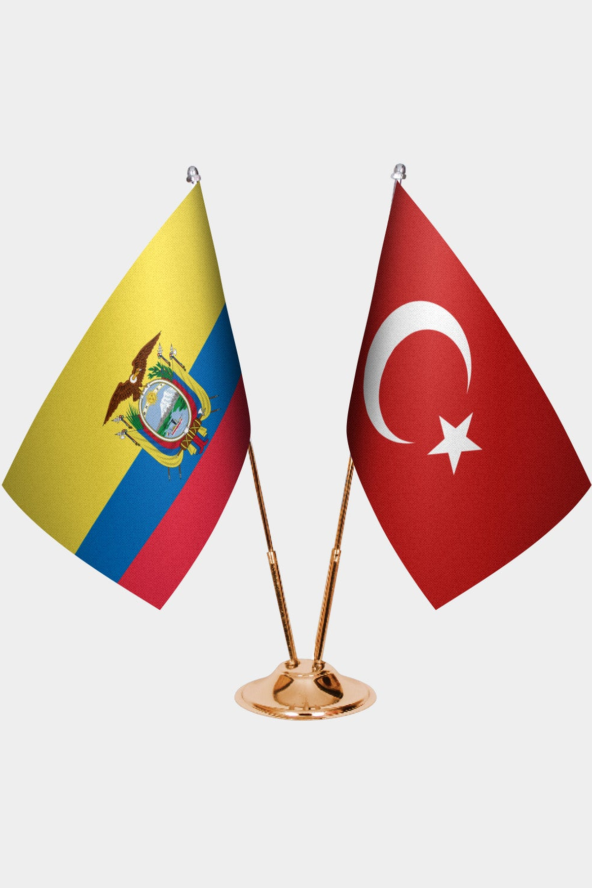 Ecuador and Türkiye dual desk flag set with gold pedestal, satin office table flag