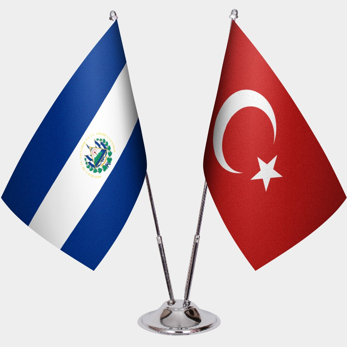 El Salvador and Türkiye dual desk flag set with chrome silver pedestal, satin office table flag