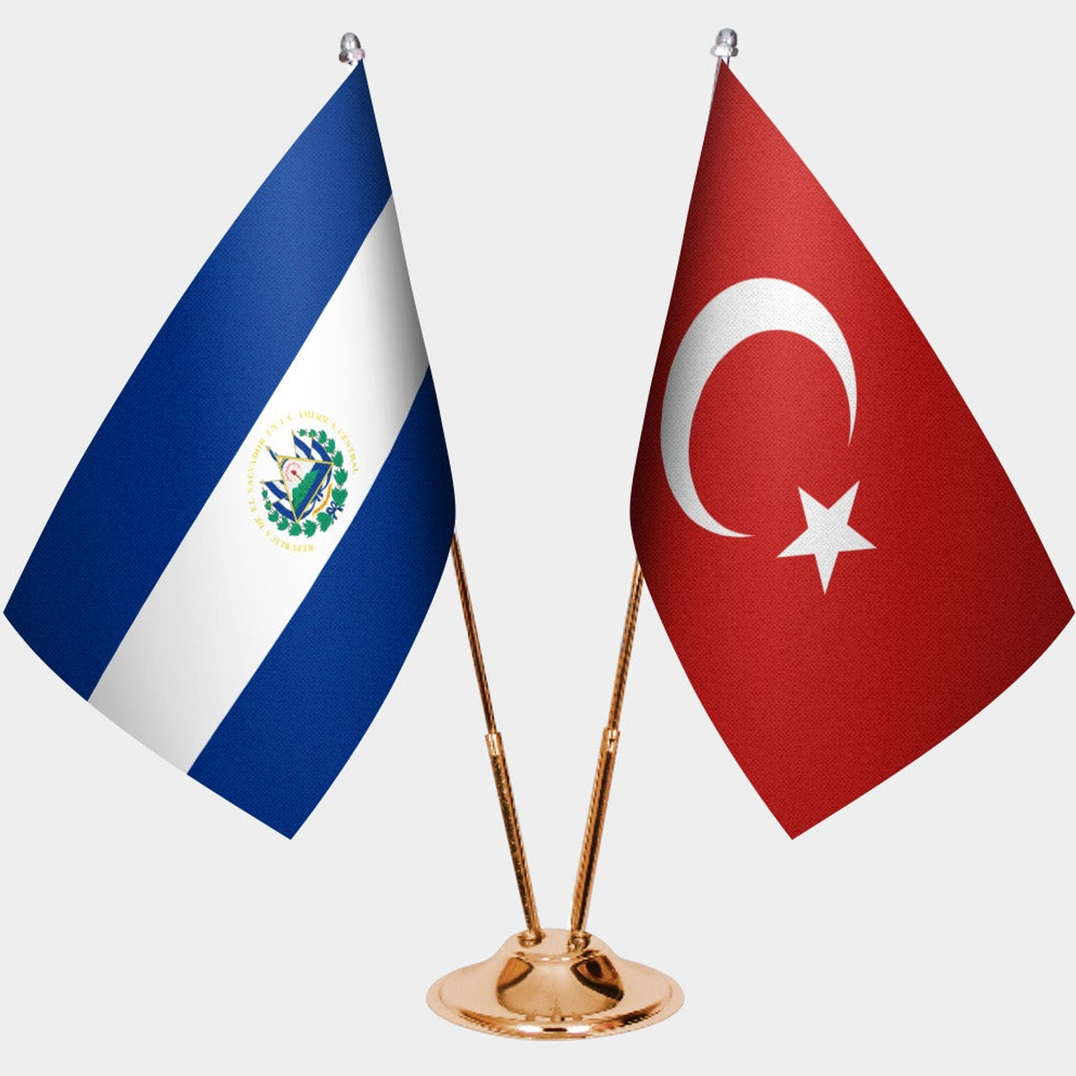 El Salvador and Türkiye dual desk flag set with gold pedestal, satin office table flag