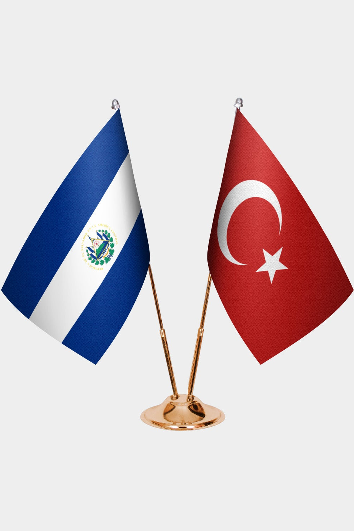 El Salvador and Türkiye dual desk flag set with gold pedestal, satin office table flag