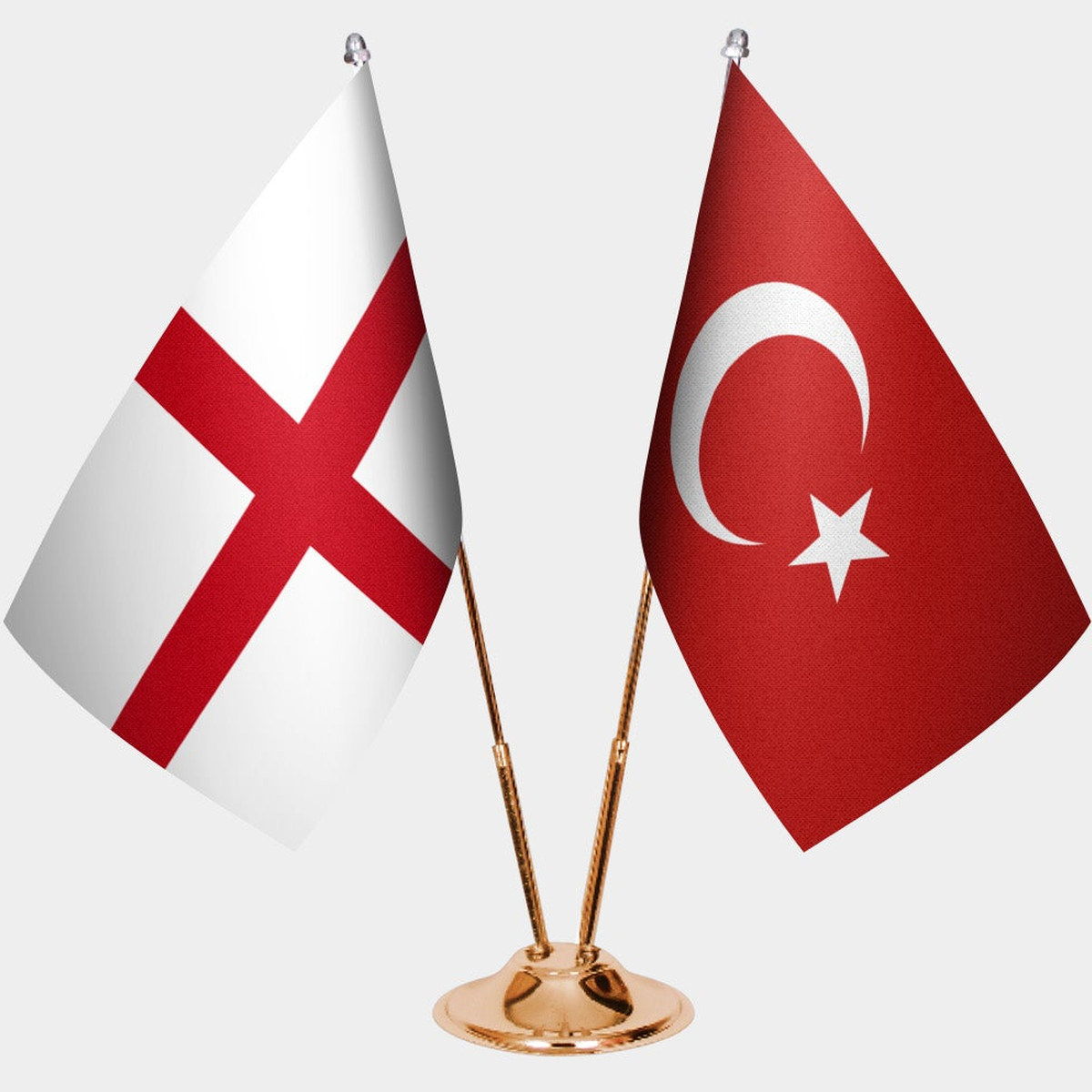 England and Türkiye dual desk flag set with gold pedestal, satin office table flag