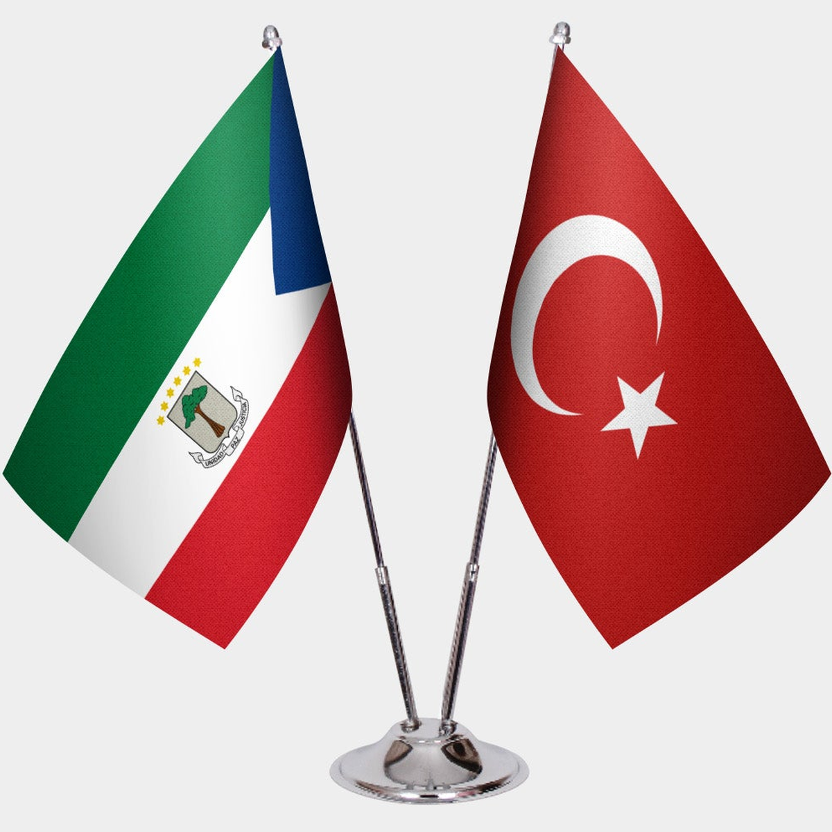 Equatorial Guinea and Türkiye dual desk flag set with chrome silver pedestal, satin office table flag