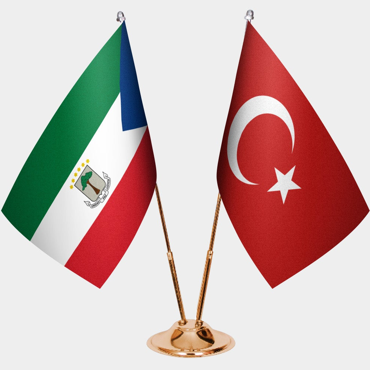 Equatorial Guinea and Türkiye dual desk flag set with gold pedestal, satin office table flag