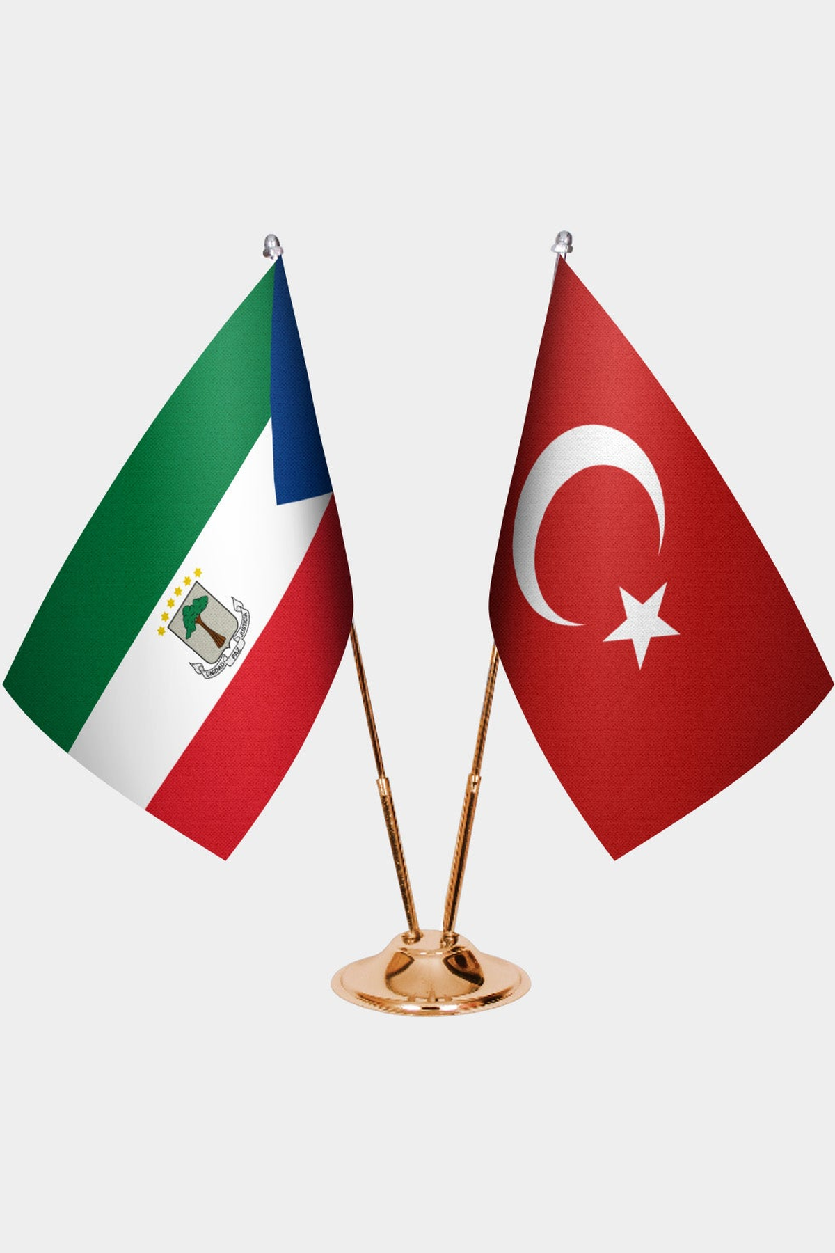 Equatorial Guinea and Türkiye dual desk flag set with gold pedestal, satin office table flag