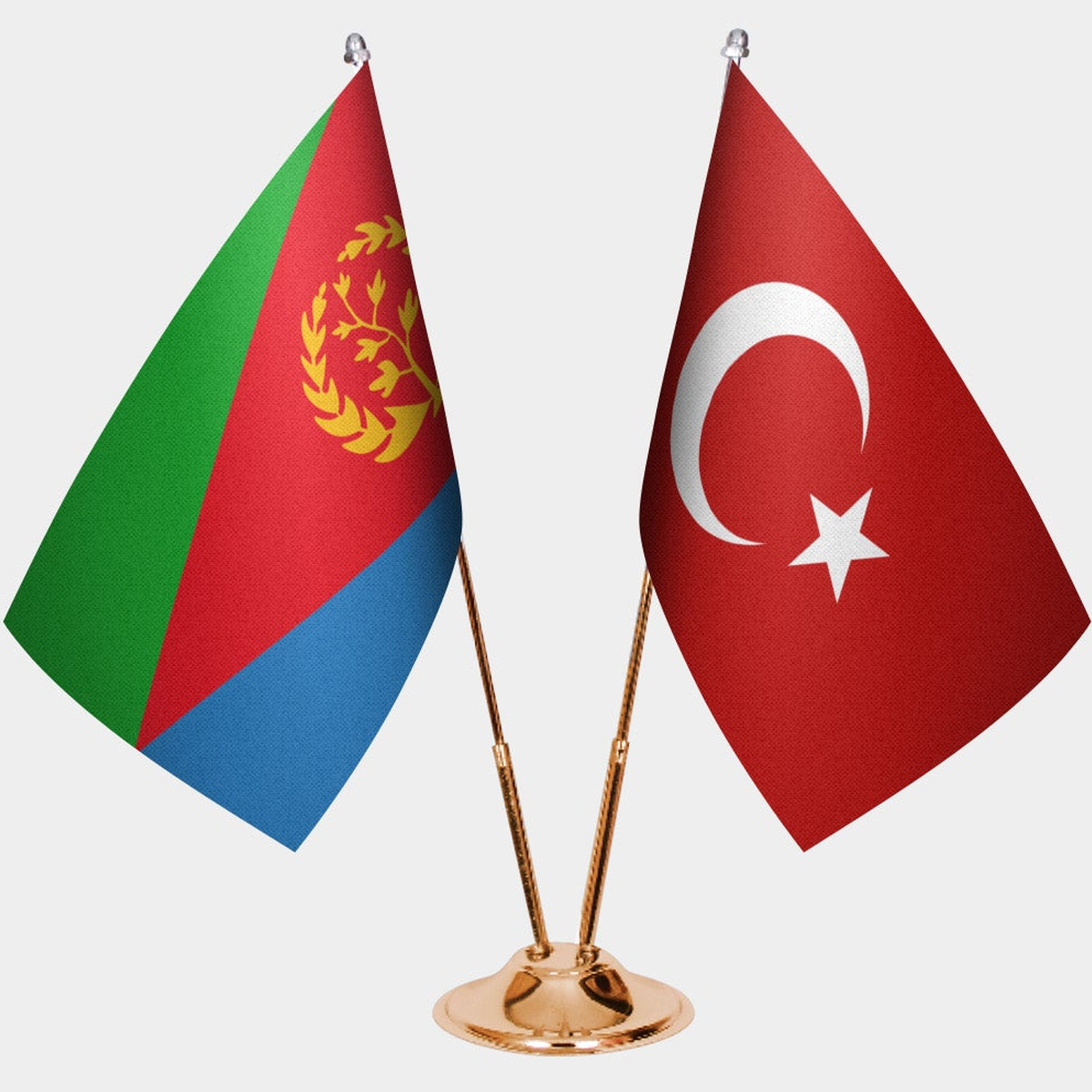 Eritrea and Türkiye dual desk flag set with gold pedestal, satin office table flag