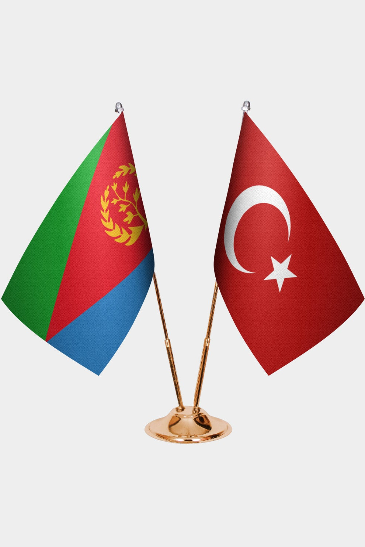 Eritrea and Türkiye dual desk flag set with gold pedestal, satin office table flag