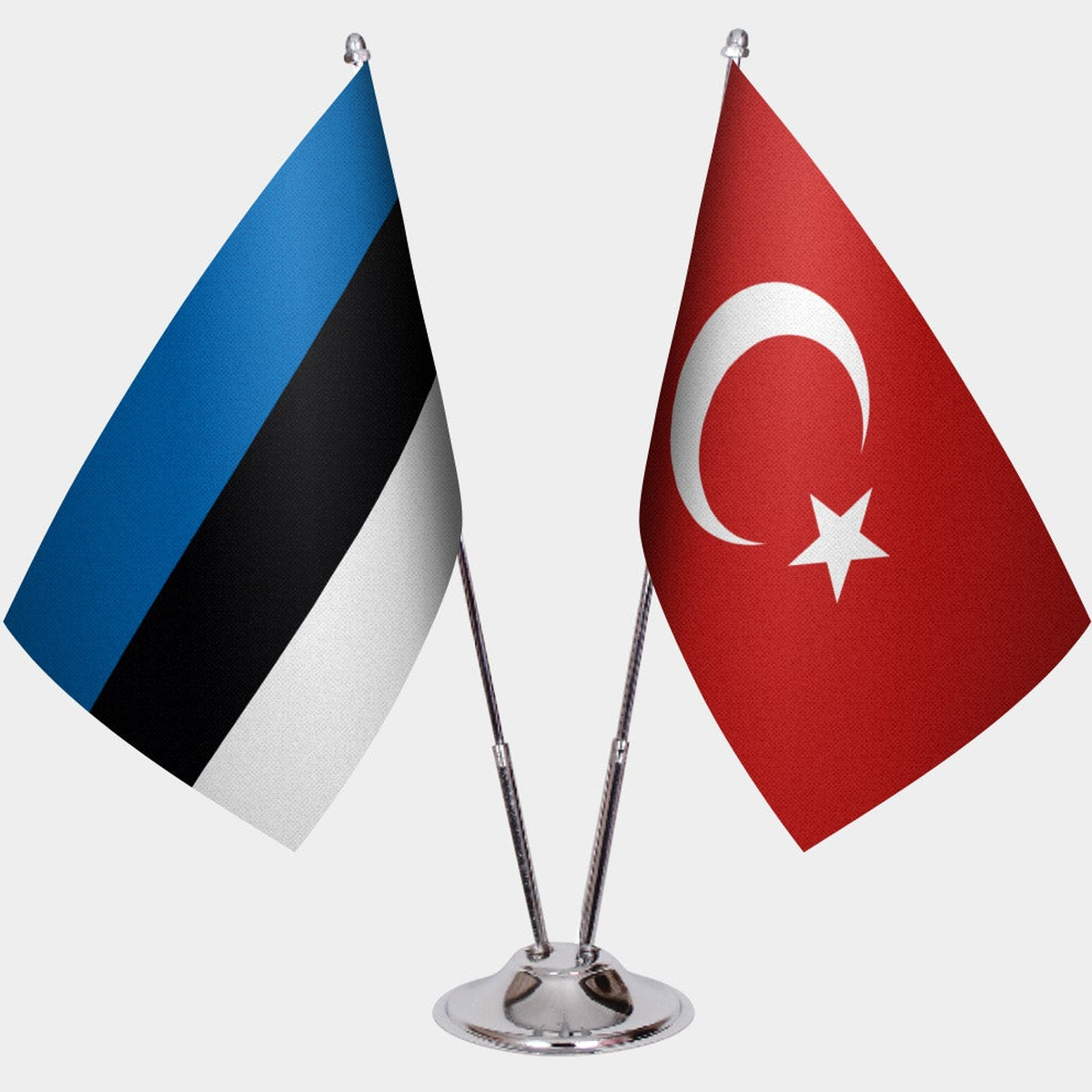 Estonia and Türkiye dual desk flag set with chrome silver pedestal, satin office table flag