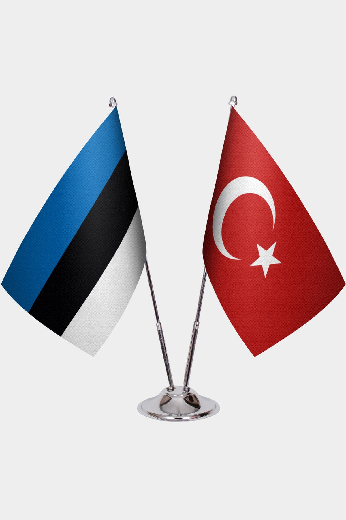 Estonia and Türkiye dual desk flag set with chrome silver pedestal, satin office table flag