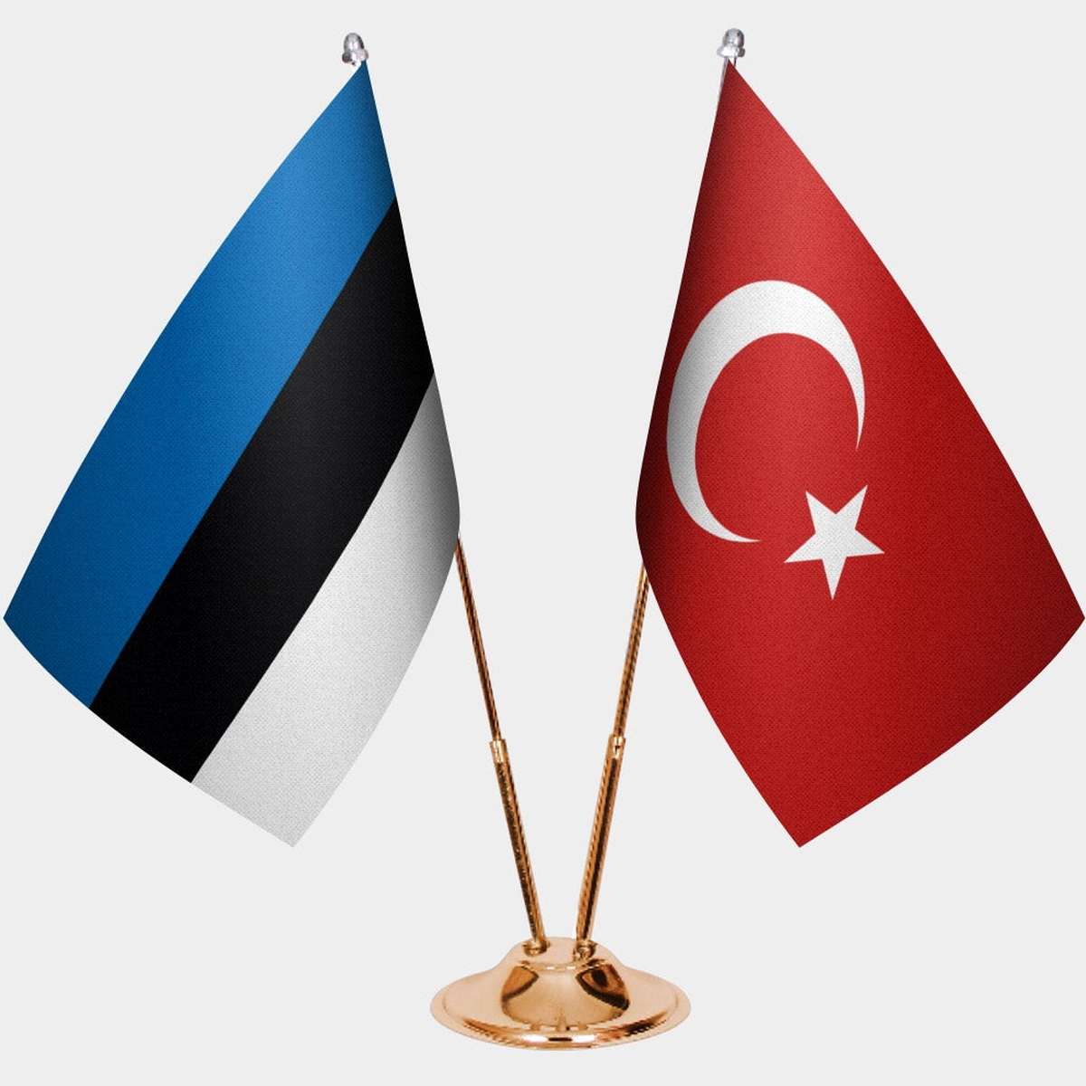 Estonia and Türkiye dual desk flag set with gold pedestal, satin office table flag