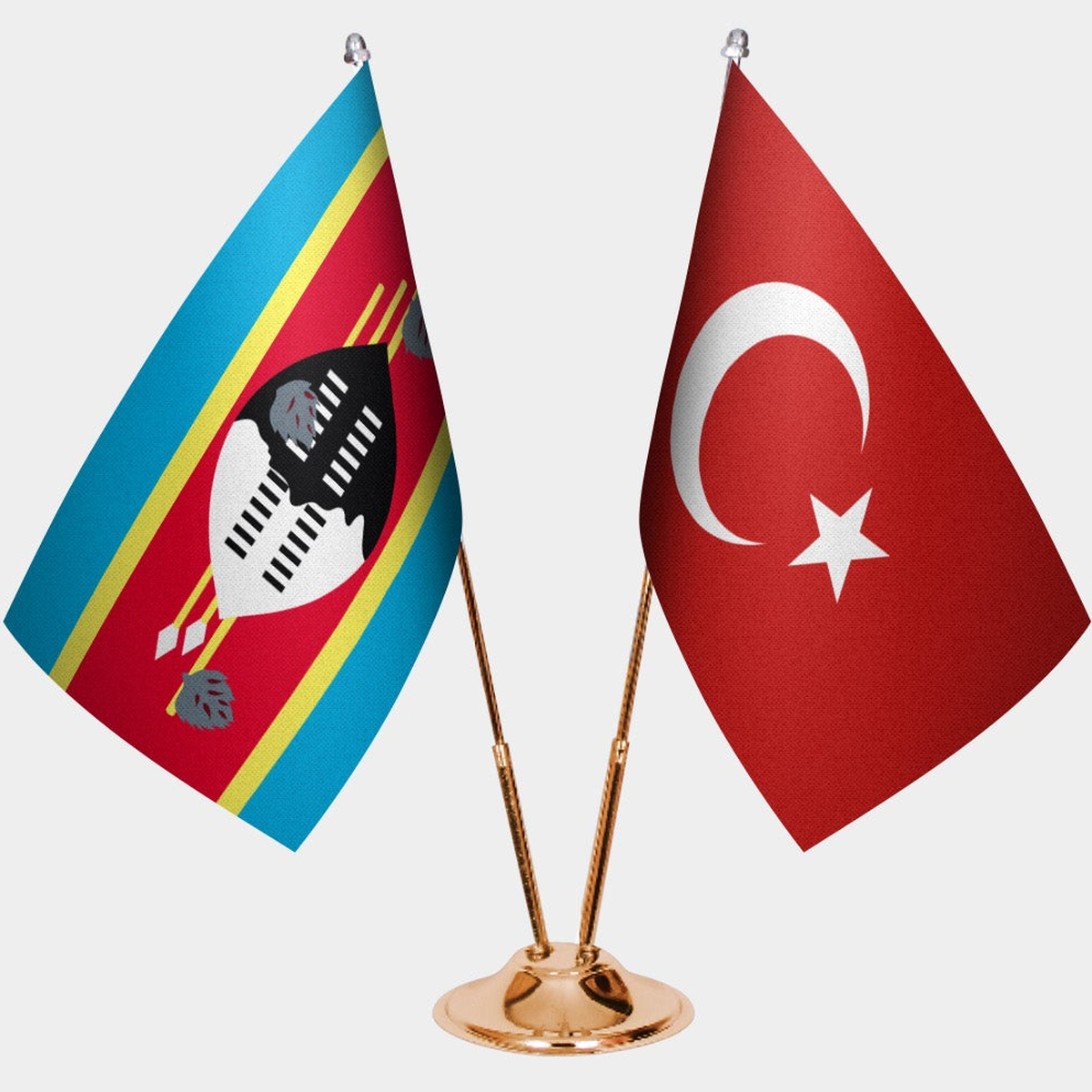 Eswatini and Türkiye dual desk flag set with gold pedestal, satin office table flag