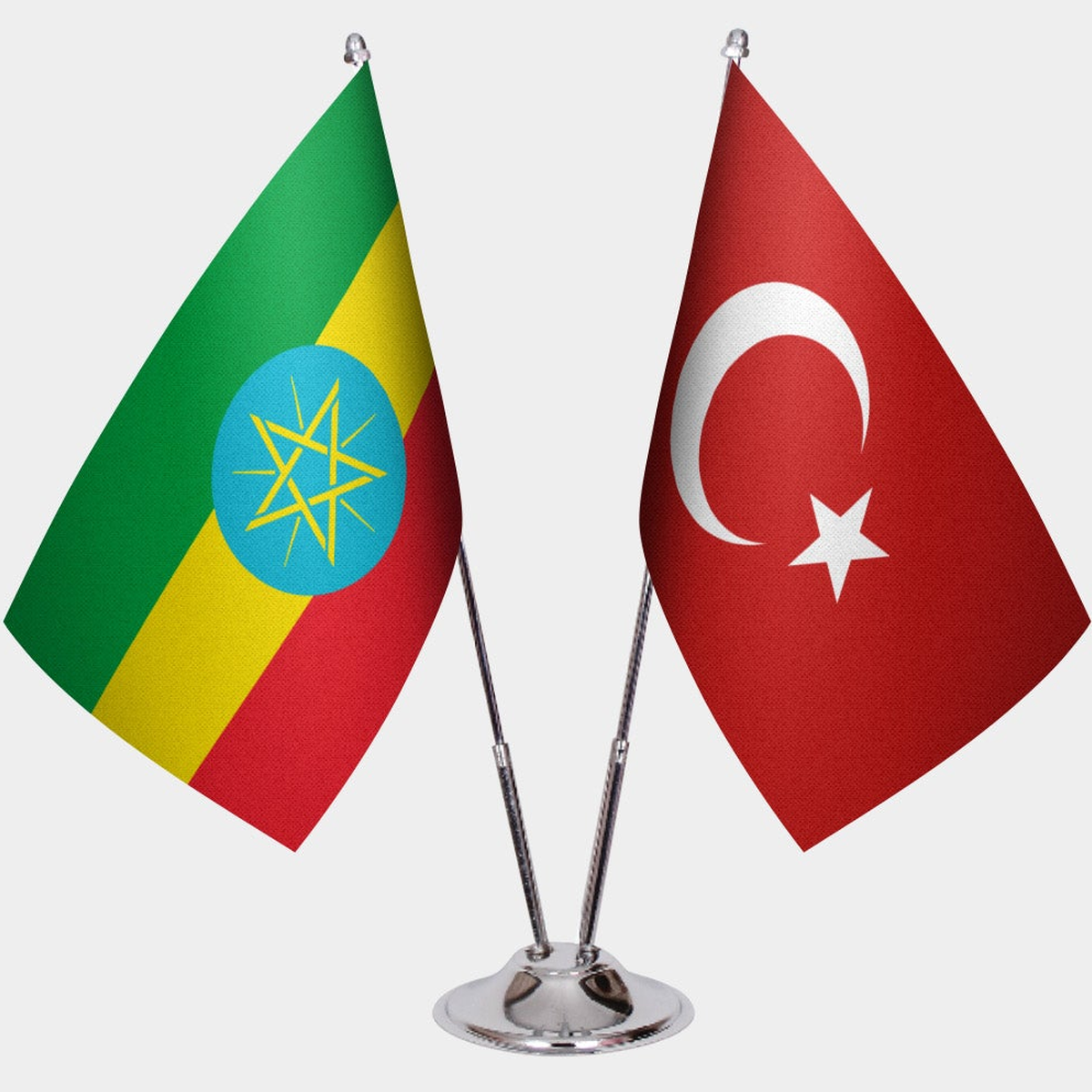 Ethiopia and Türkiye dual desk flag set with chrome silver pedestal, satin office table flag