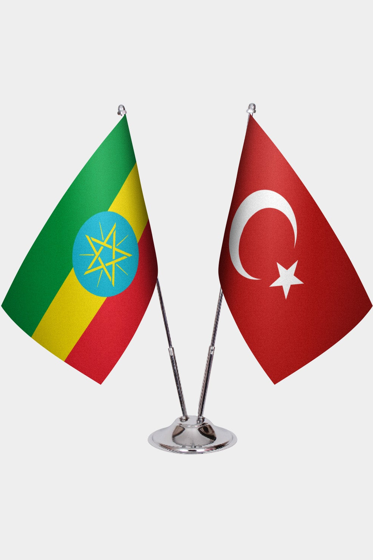 Ethiopia and Türkiye dual desk flag set with chrome silver pedestal, satin office table flag