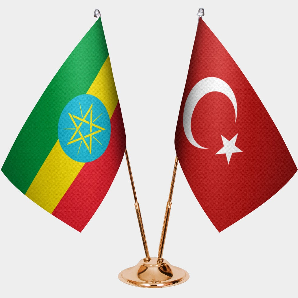 Ethiopia and Türkiye dual desk flag set with gold pedestal, satin office table flag