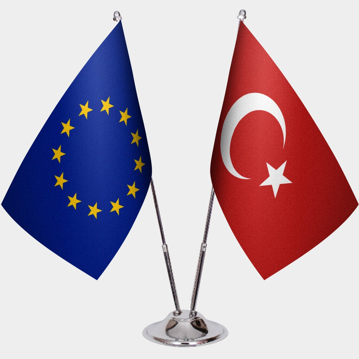 European Union and Türkiye dual desk flag set with chrome silver pedestal, satin office table flag